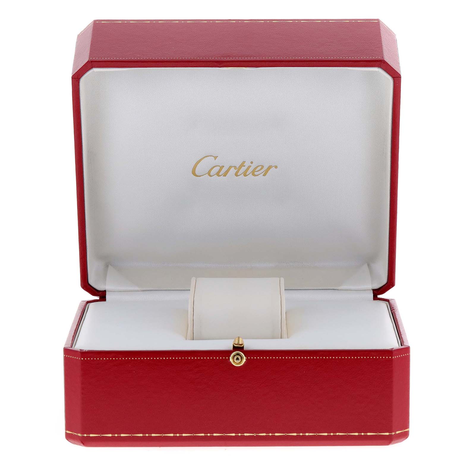 The image shows an open red Cartier box for the Roadster model watch, with the inside lined in white fabric.
