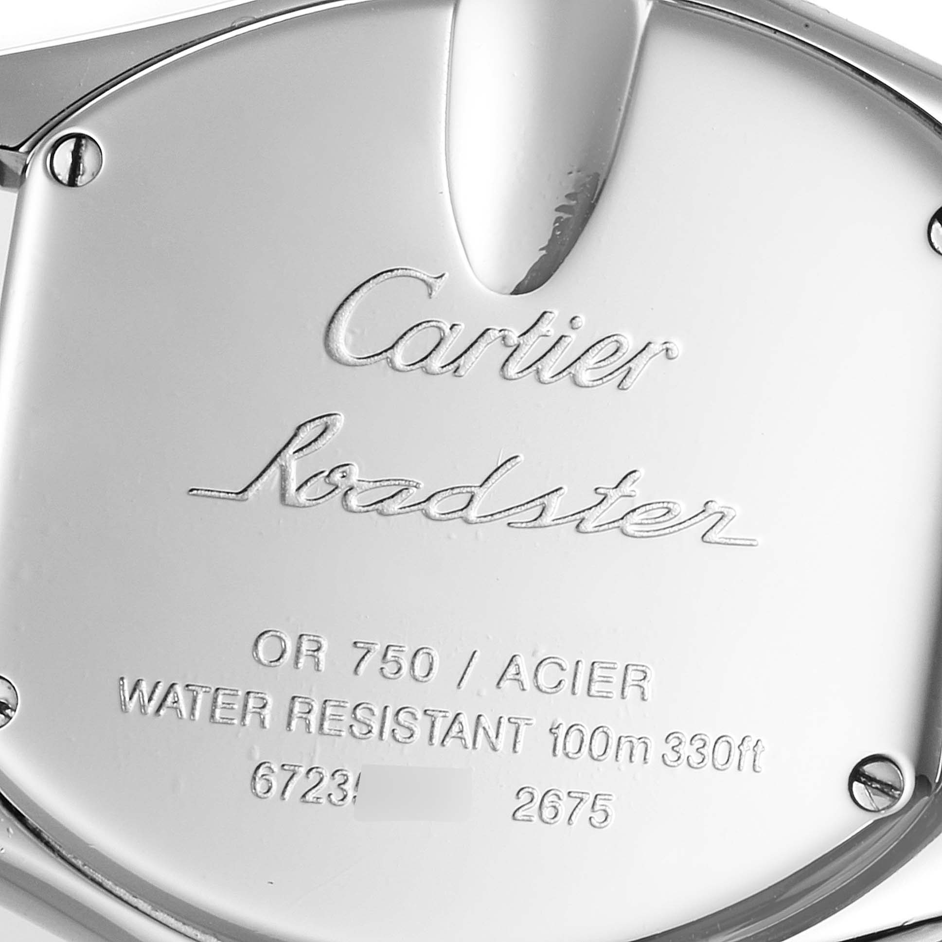 The image shows the back case of a Cartier Roadster W62026Y4 Women's Steel and Gold (two tone) Silver Dial W62026Y4 Women's Steel and Gold (two tone) Silver Dial watch, featuring the brand, model, and specifications.