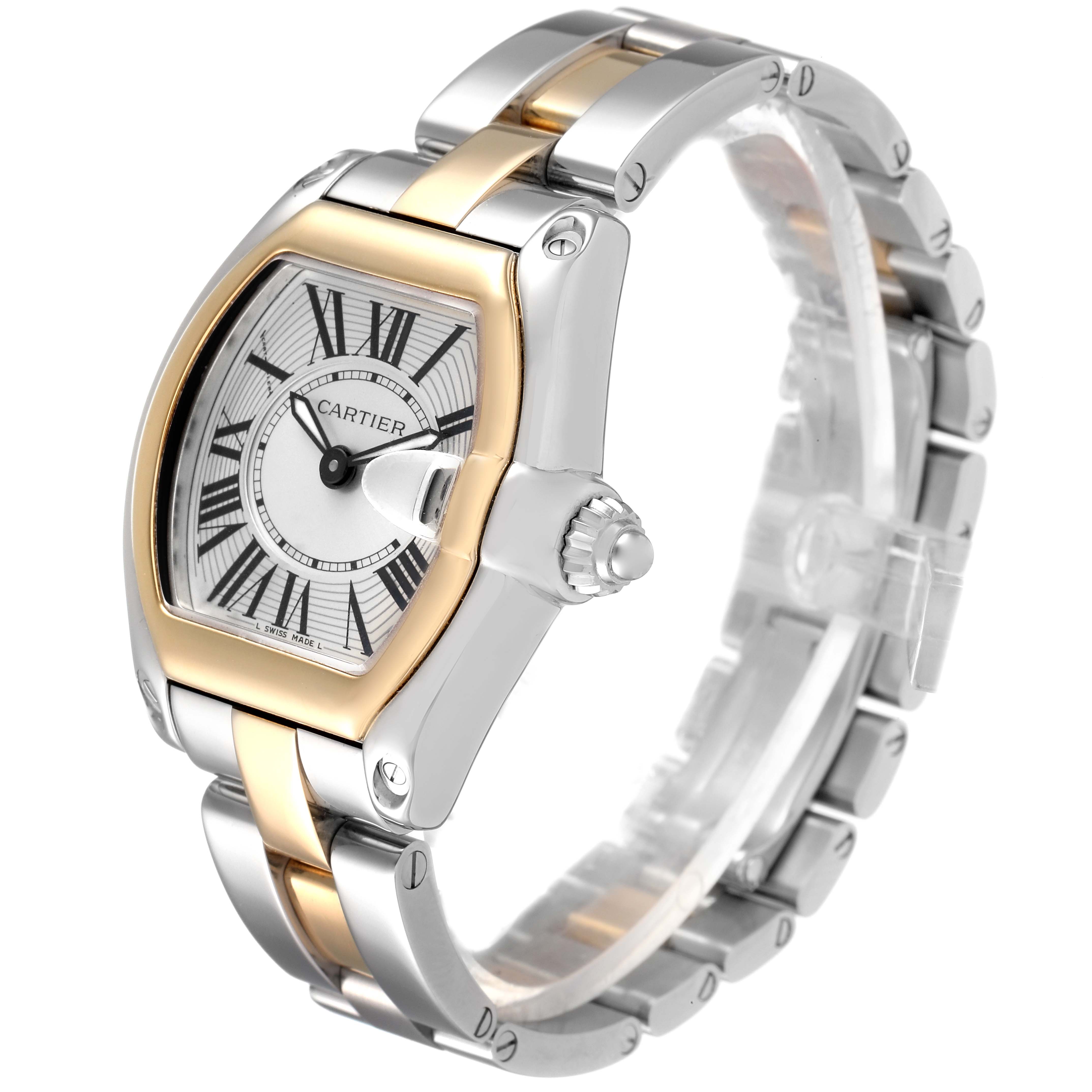 The image shows a Roadster model by Cartier at a slight angle, highlighting the dial, bezel, and stainless steel and gold bracelet.