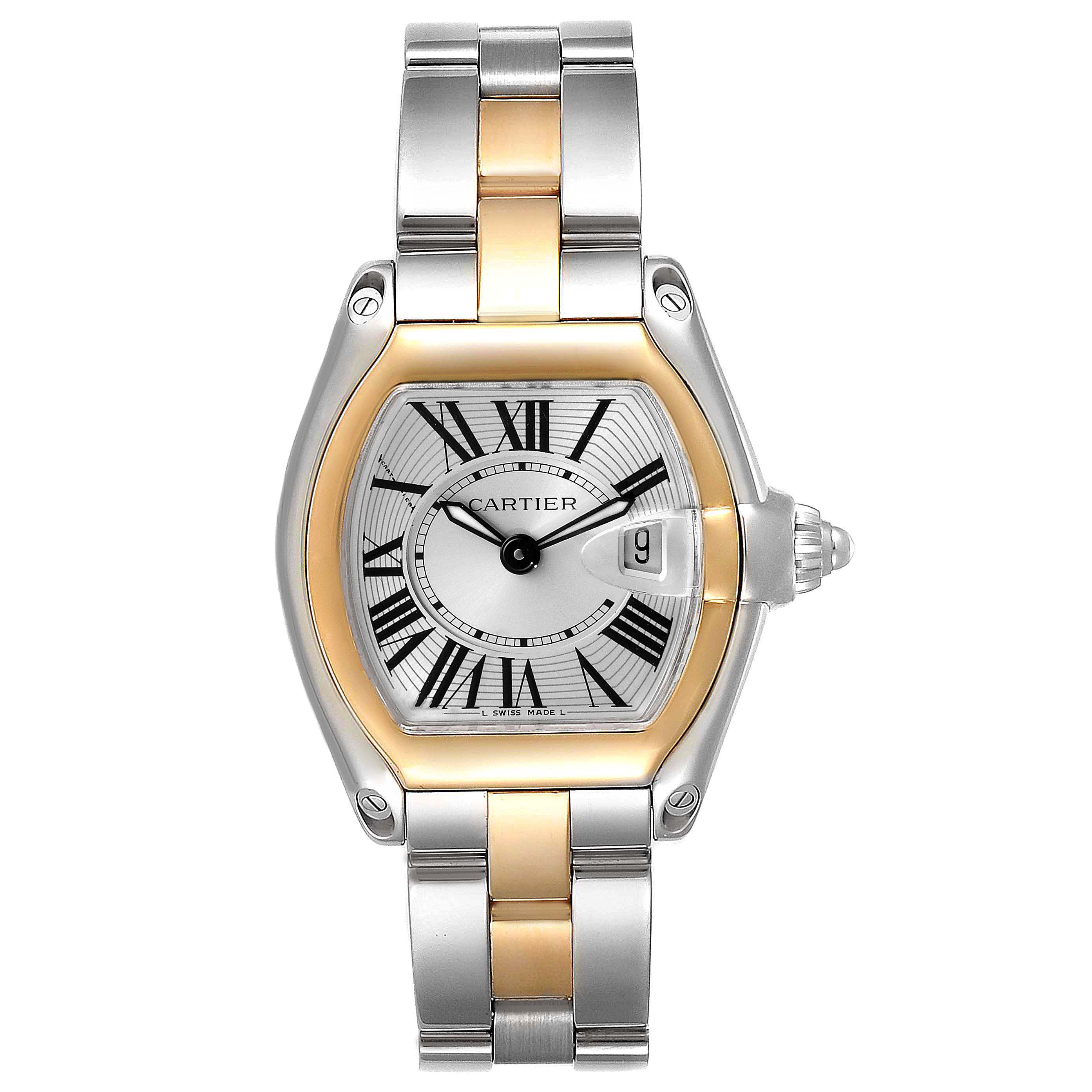The image shows a front view of the Cartier Roadster W62026Y4 Women's Steel and Gold (two tone) Silver Dial W62026Y4 Women's Steel and Gold (two tone) Silver Dial watch, displaying its dial, crown, and two-tone bracelet.