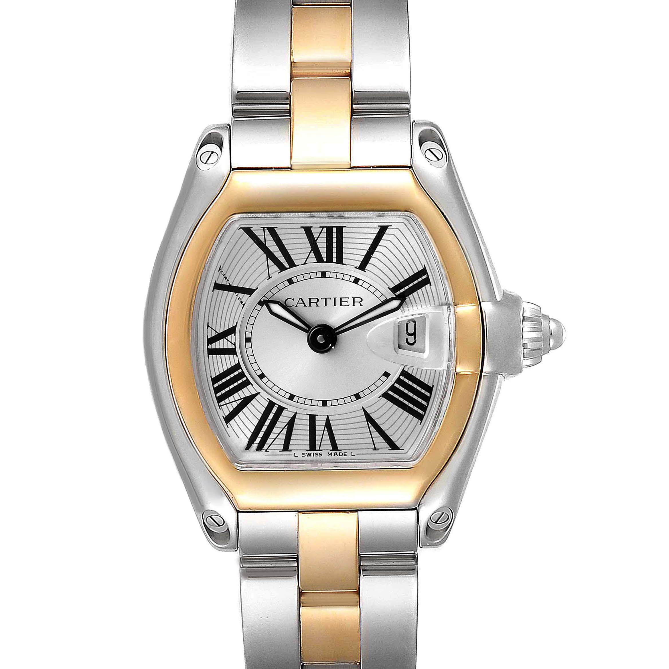 The Cartier Roadster W62026Y4 Women's Steel and Gold (two tone) Silver Dial W62026Y4 Women's Steel and Gold (two tone) Silver Dial model watch is shown from a straight-on angle, displaying its dial, bezel, and part of the bracelet.
