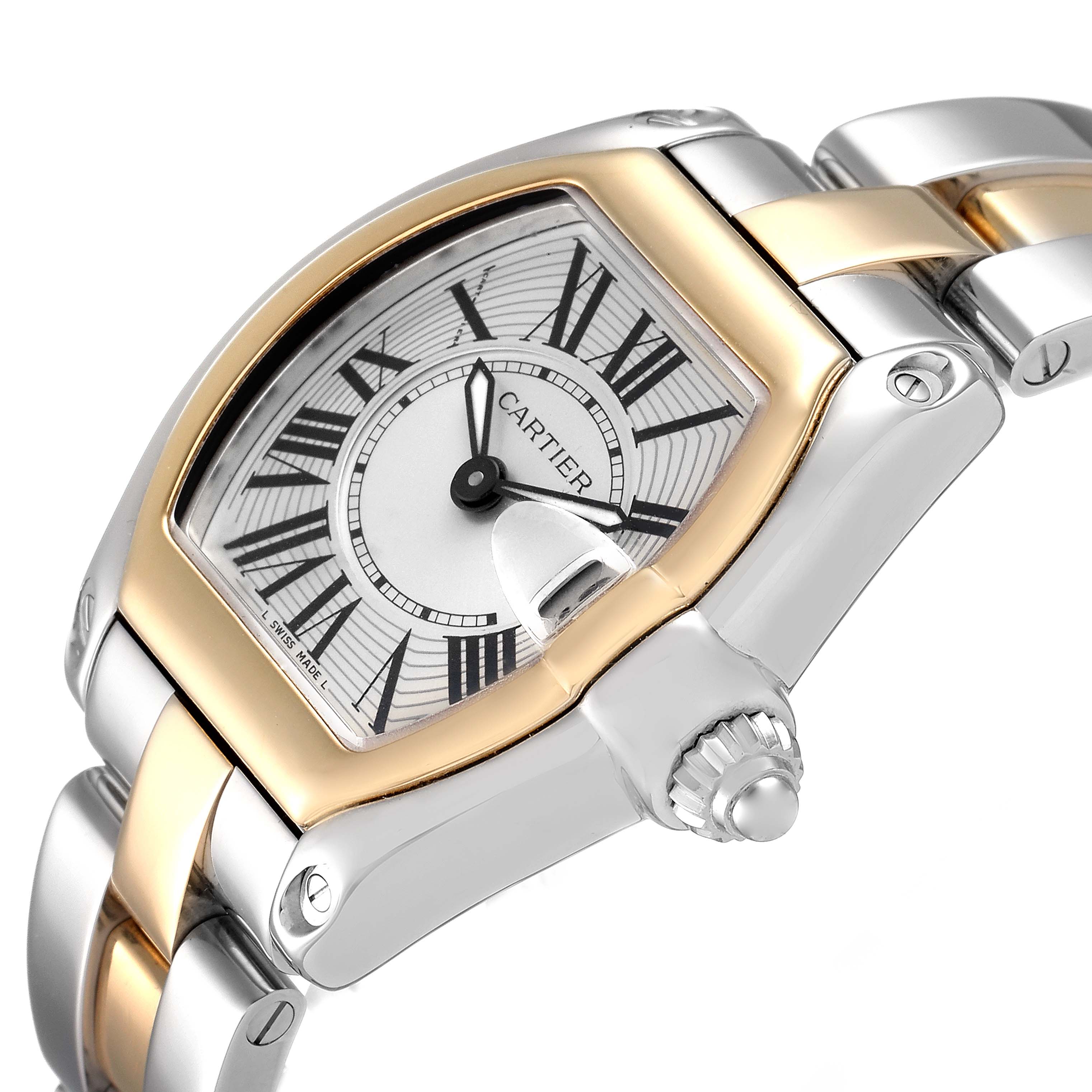 This image shows a close-up angle of the Cartier Roadster W62026Y4 Women's Steel and Gold (two tone) Silver Dial W62026Y4 Women's Steel and Gold (two tone) Silver Dial watch face, bezel, crown, and part of the bracelet.