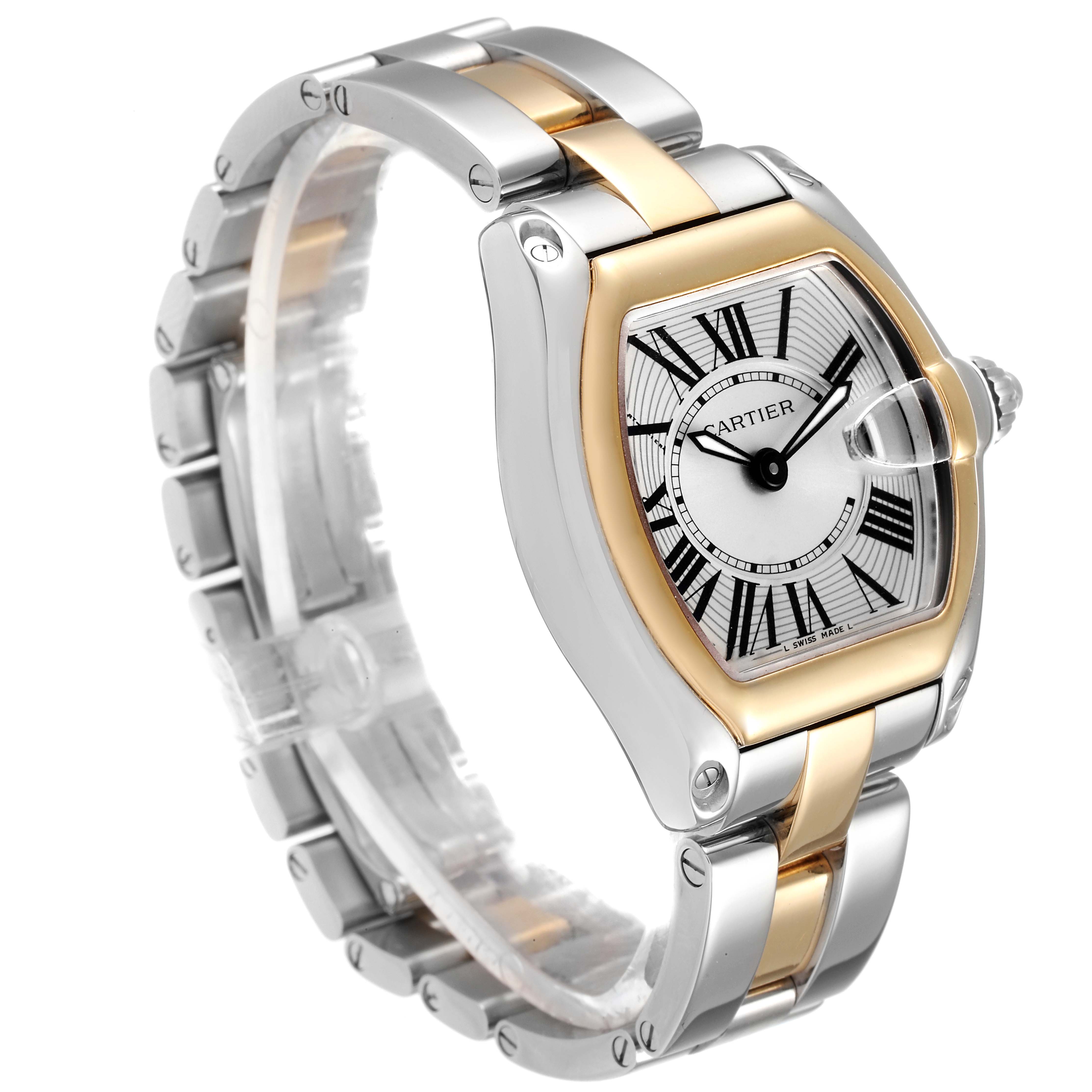 The image shows a Cartier Roadster W62026Y4 Women's Steel and Gold (two tone) Silver Dial W62026Y4 Women's Steel and Gold (two tone) Silver Dial watch at a front-side angle highlighting its face, bezel, and two-tone bracelet.