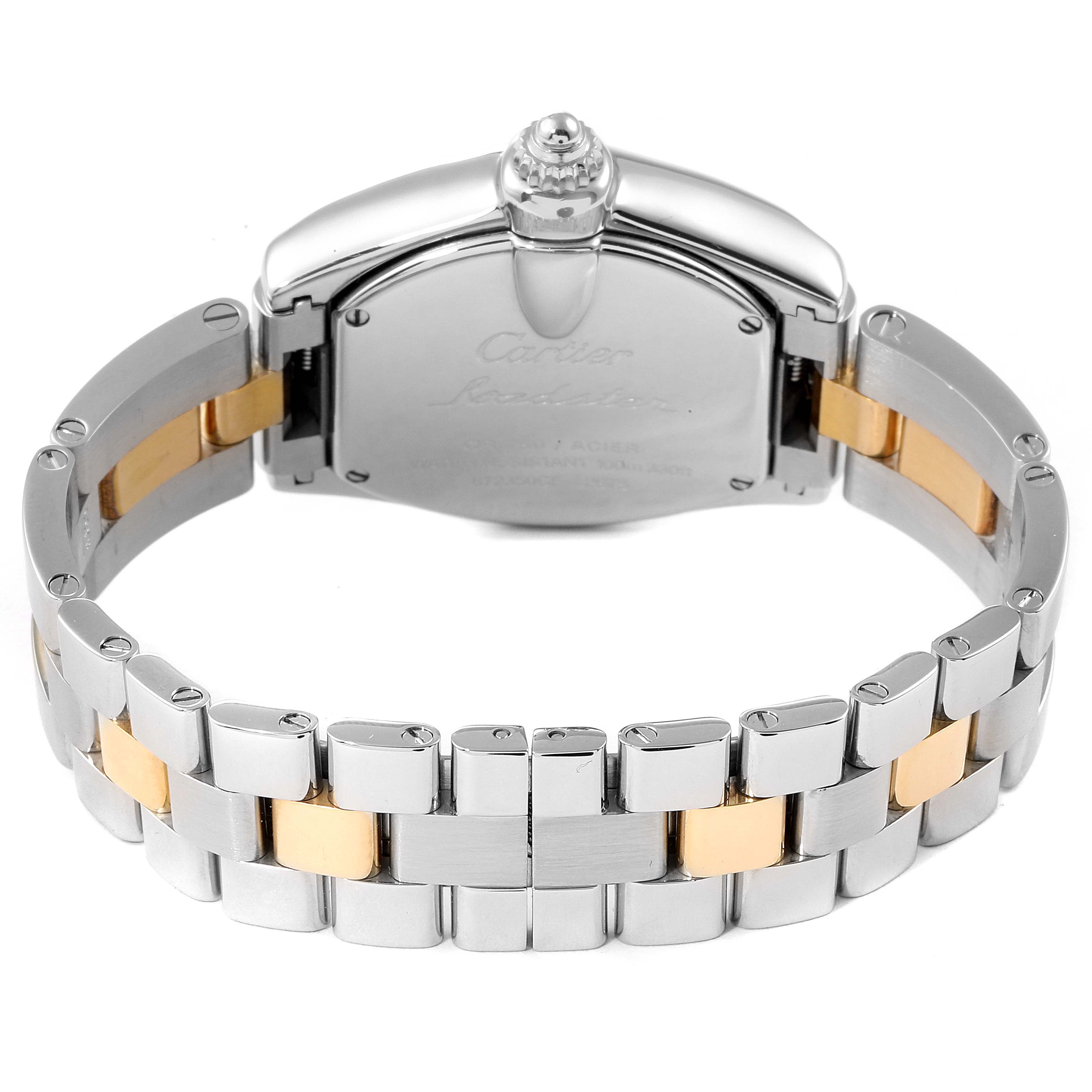 The image shows the back view of a Cartier Roadster W62026Y4 Women's Steel and Gold (two tone) Silver Dial W62026Y4 Women's Steel and Gold (two tone) Silver Dial watch, highlighting the bracelet and backside of the case.