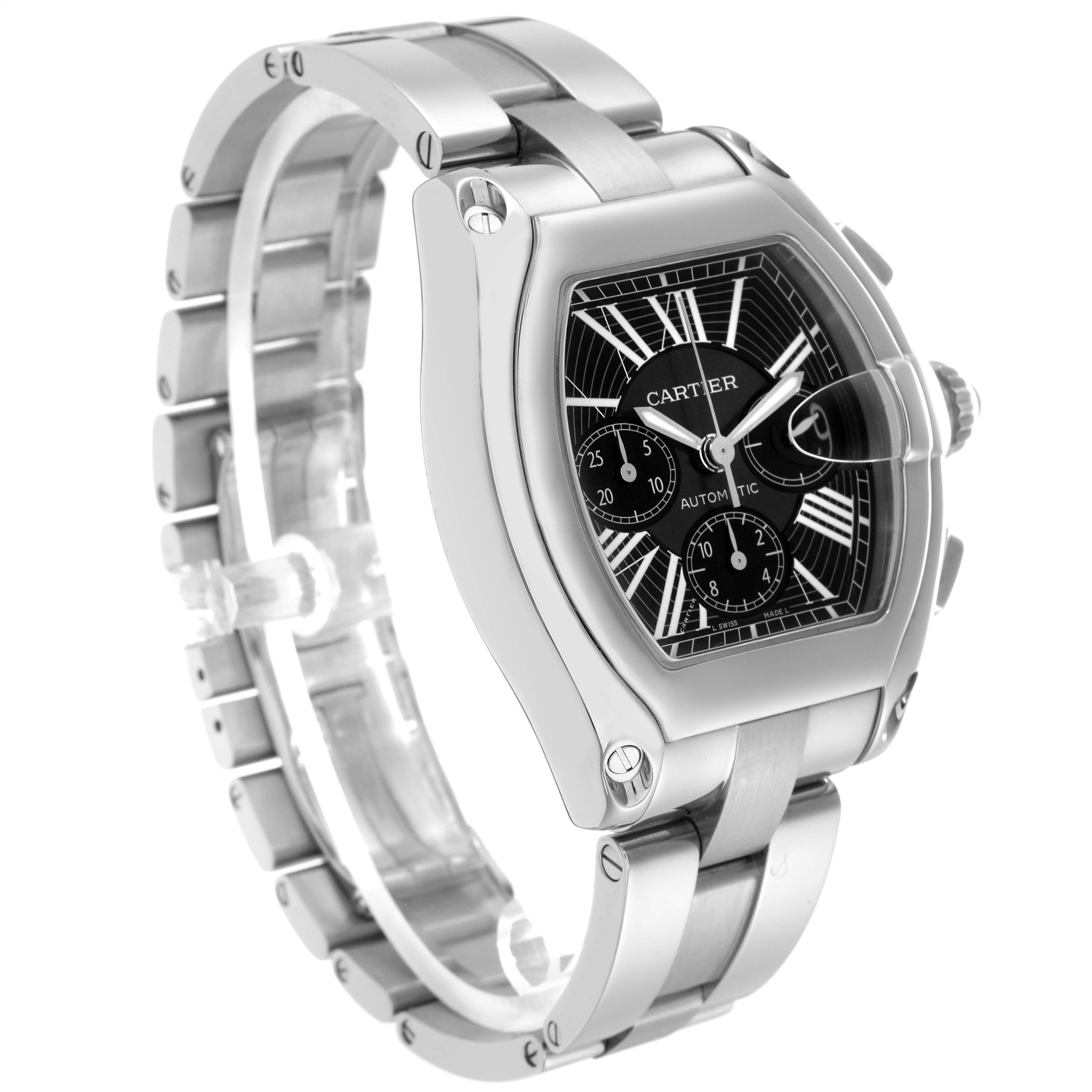 The image shows a Cartier Roadster men's watch, model W62020X6, angled to display the face, bezel, bracelet, and side view with crown and pushers.