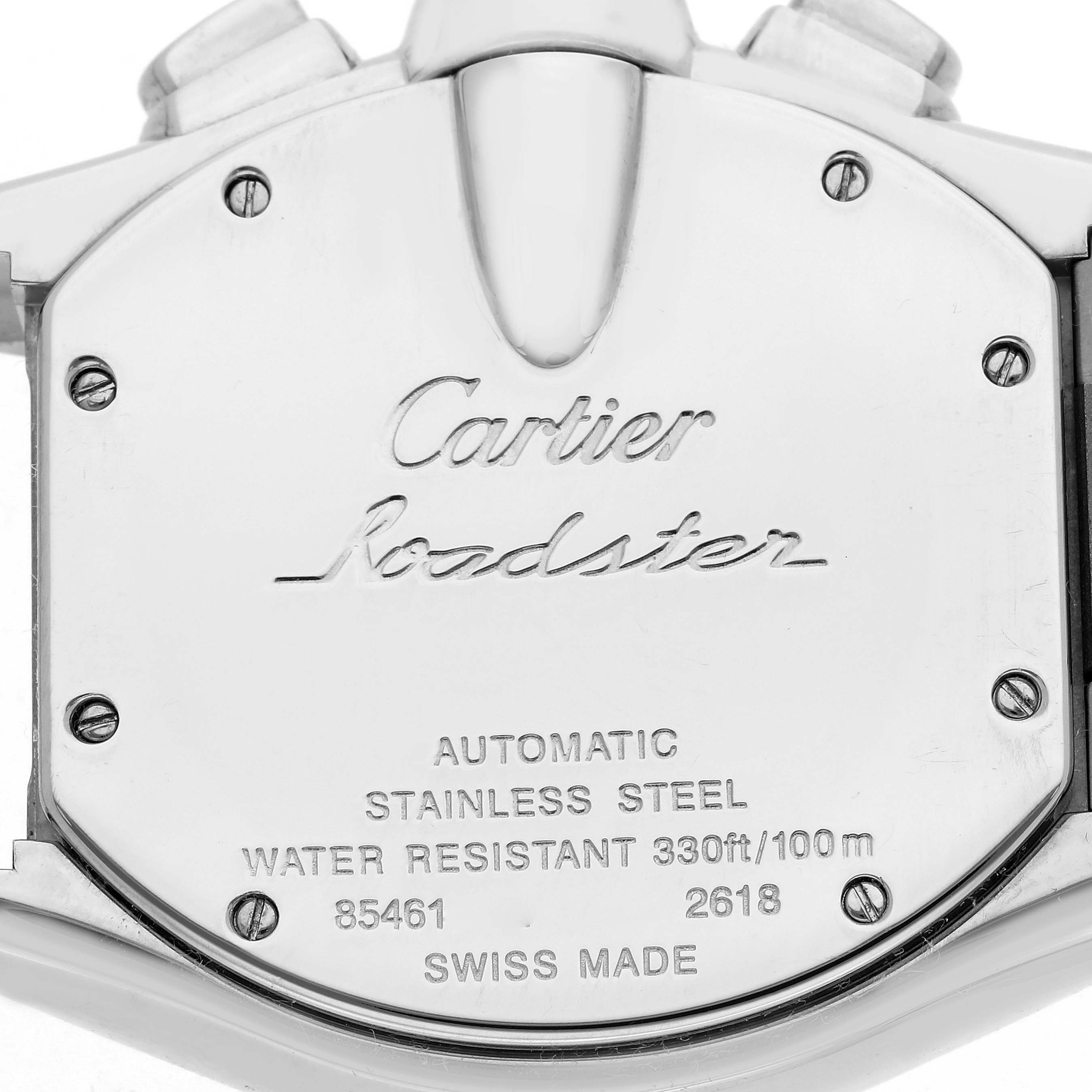 The image shows the case back of the Cartier Roadster model W62020X6 men's watch, featuring engraved details about its materials and water resistance.