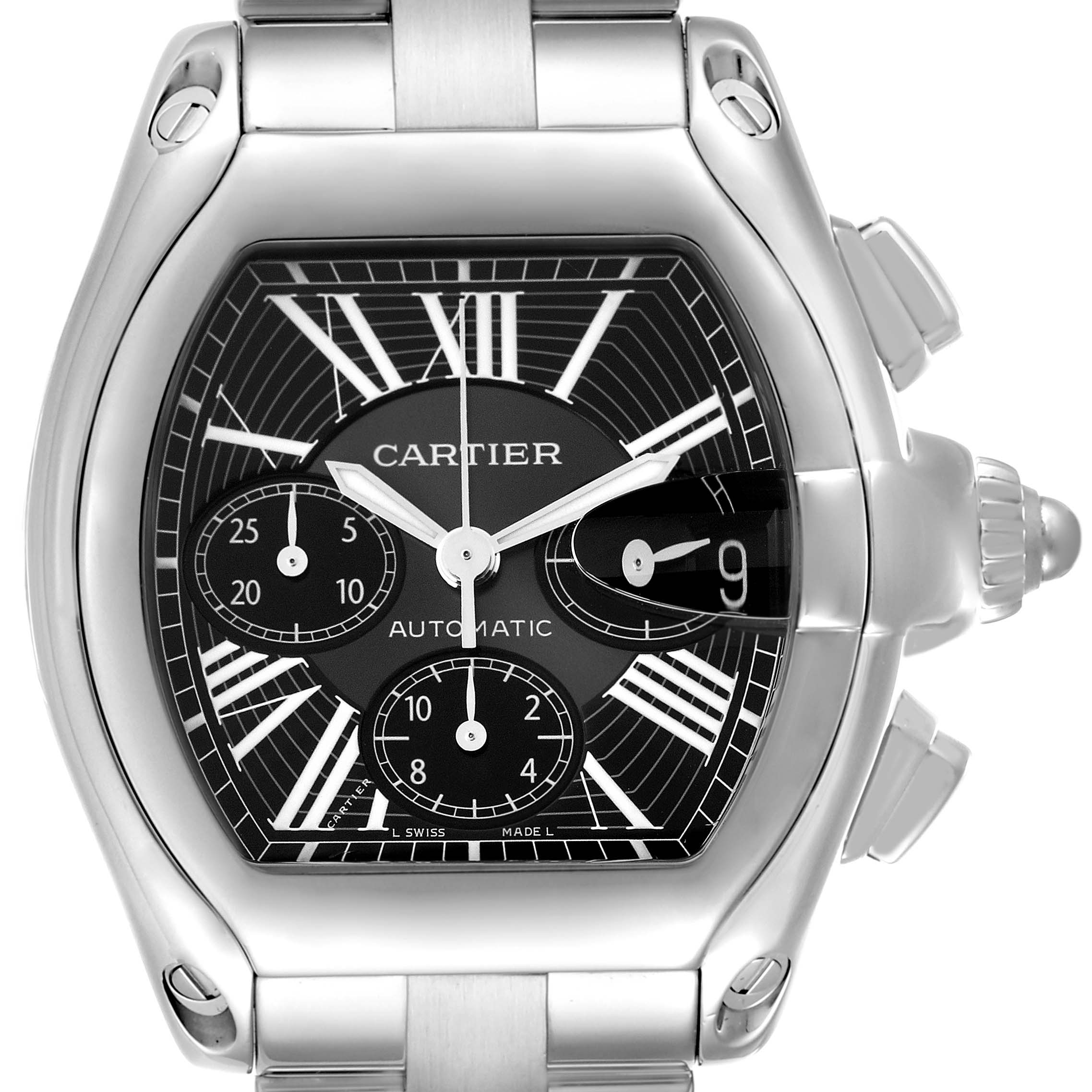 The Cartier Roadster model W62020X6 is shown from a front angle, highlighting its face, crown, and pushers on the right side.