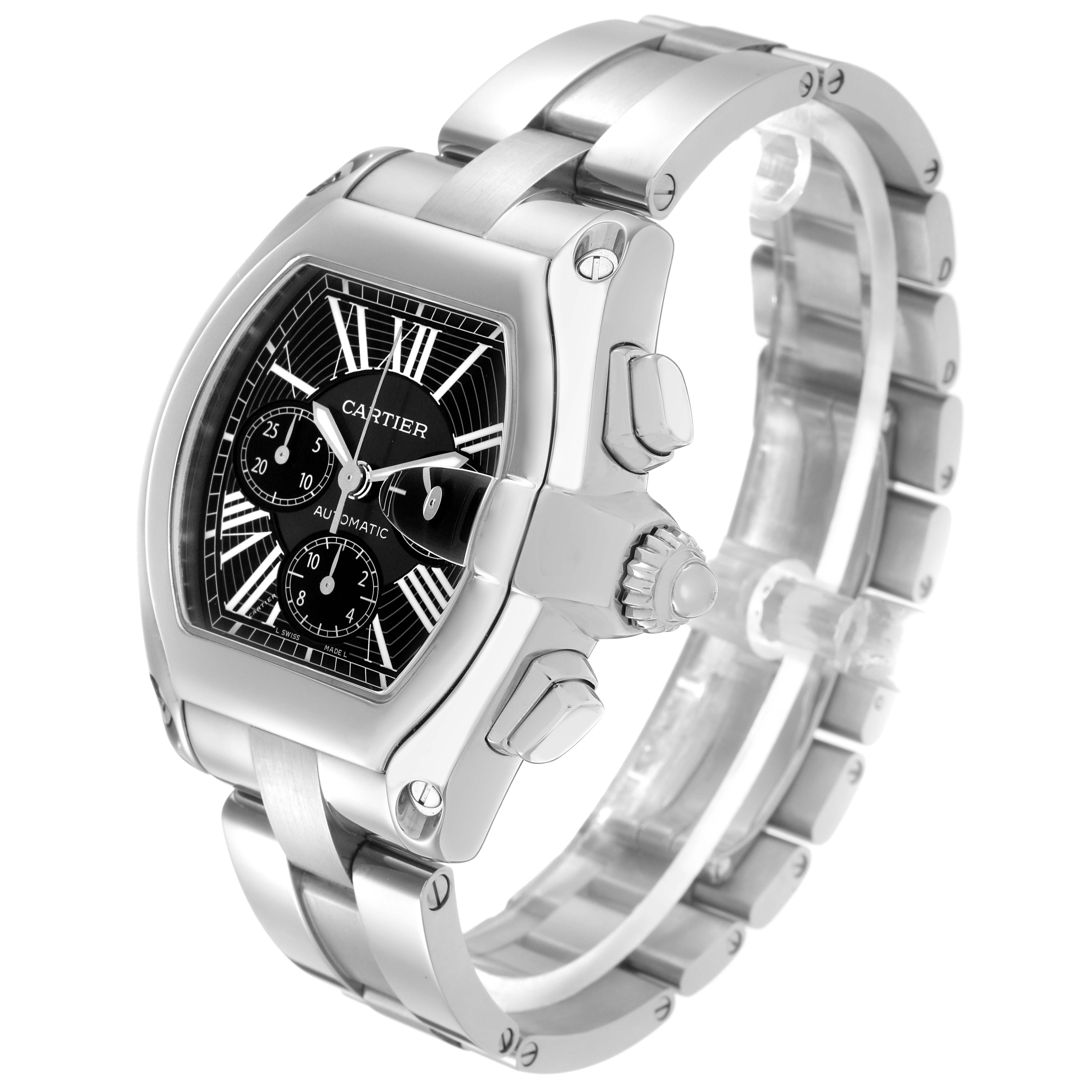 The Cartier Roadster model W62020X6 men's watch is shown at a three-quarter angle, highlighting the dial, crown, and bracelet.