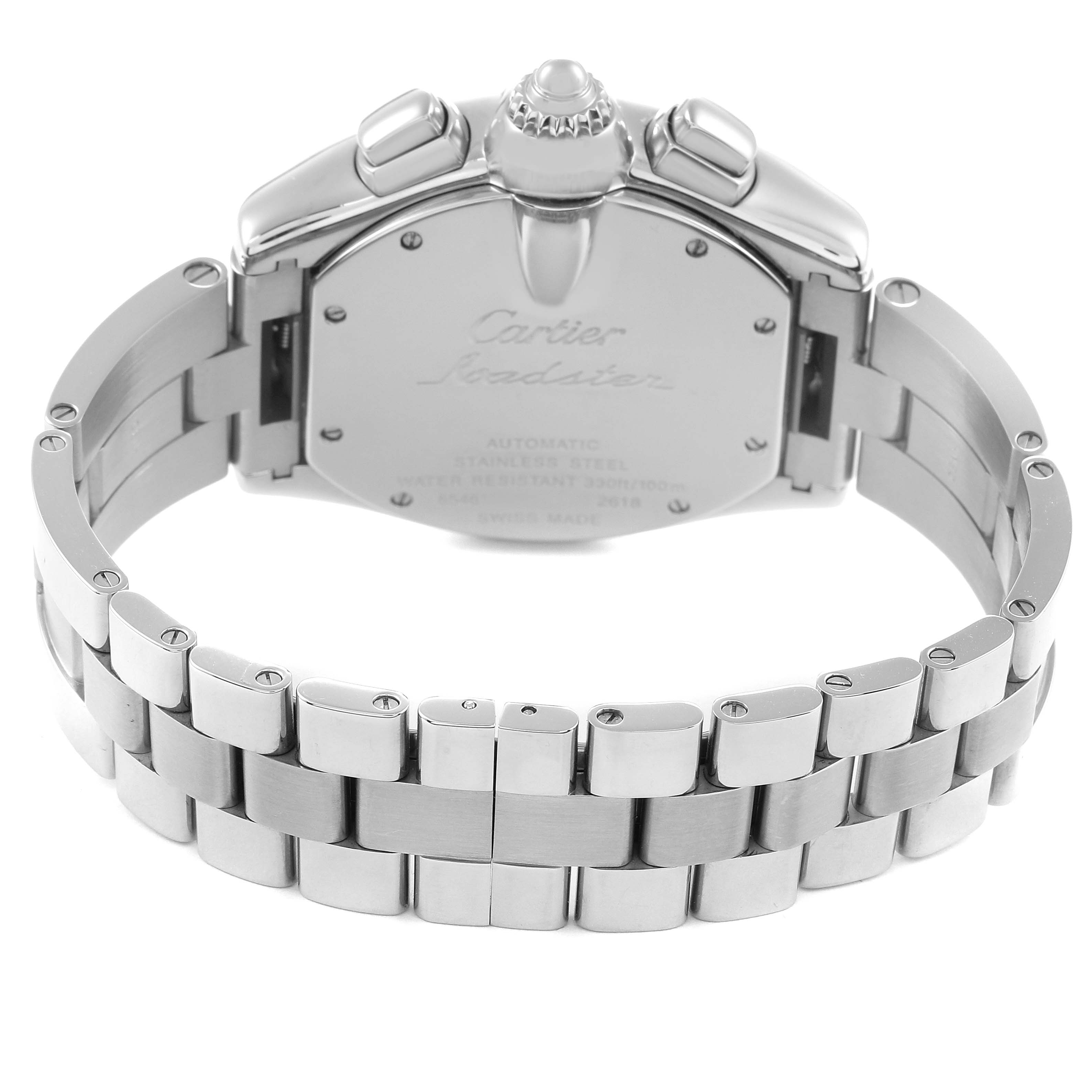 The image shows the back view of the Cartier Roadster men's watch, model number W62020X6, highlighting the case back and stainless steel bracelet.