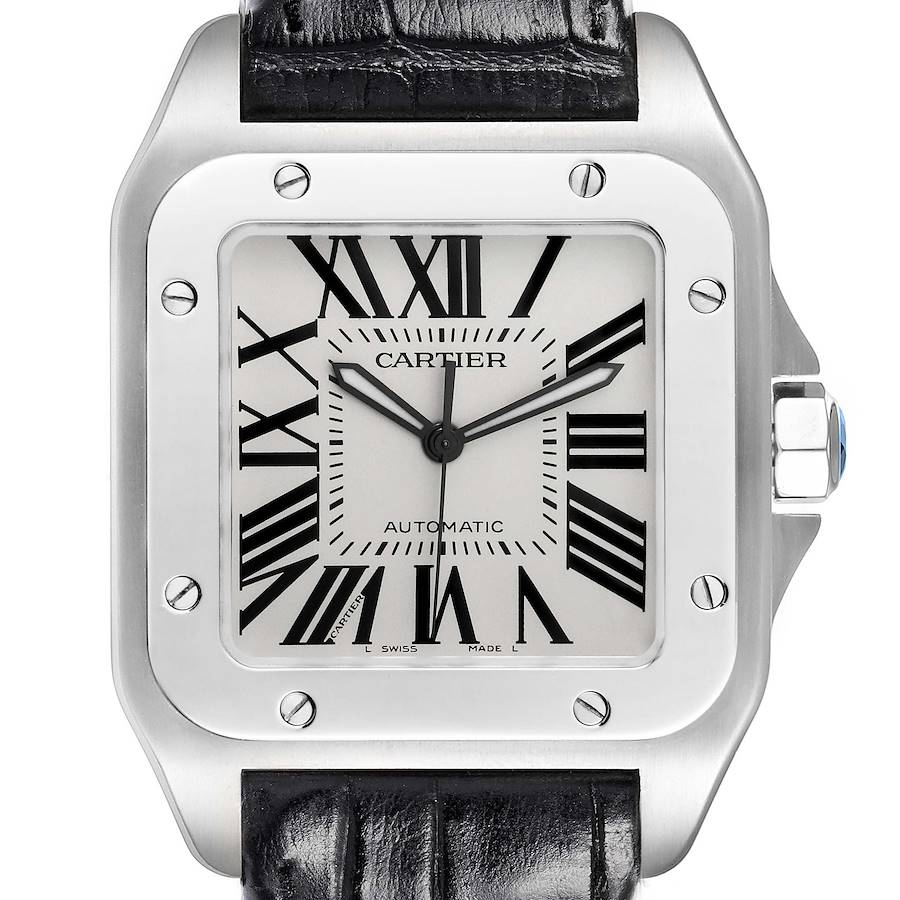 Cartier Santos 100 Silver Dial Black Strap Steel Mens Watch W20073X8 SwissWatchExpo