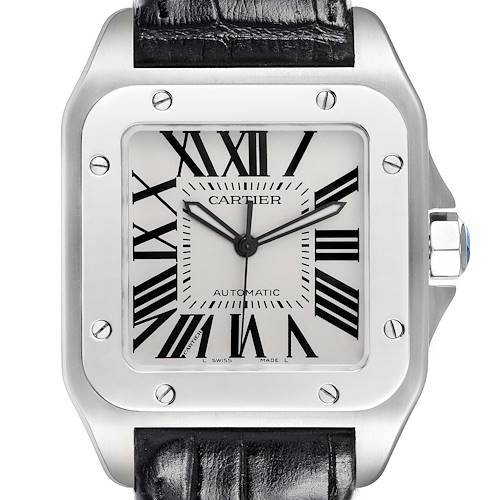 This image shows a front view of a Cartier Santos watch, highlighting its face, bezel, and part of its black leather strap.