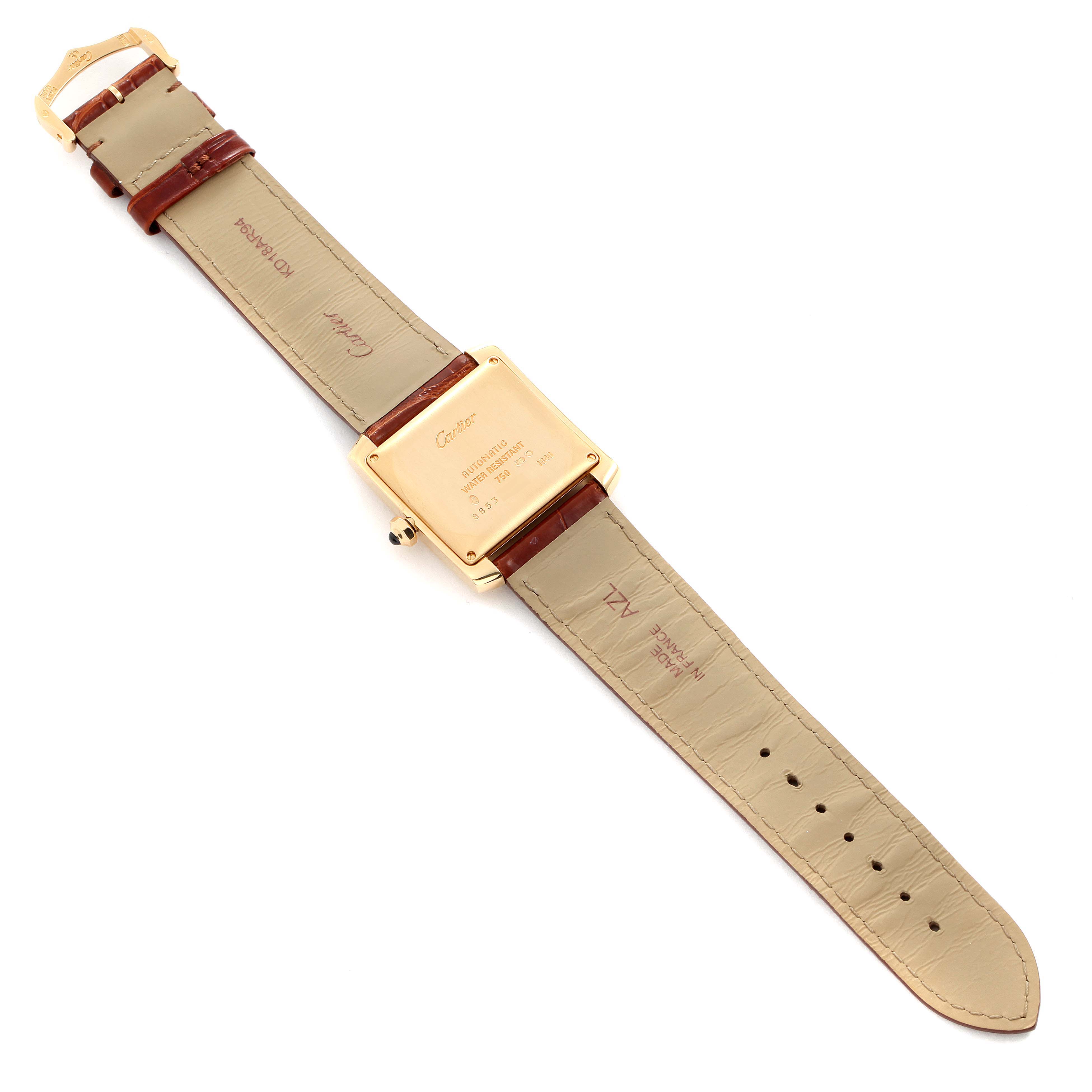 The image shows the back view of the Cartier Tank Française watch, highlighting the case back, strap, and buckle.