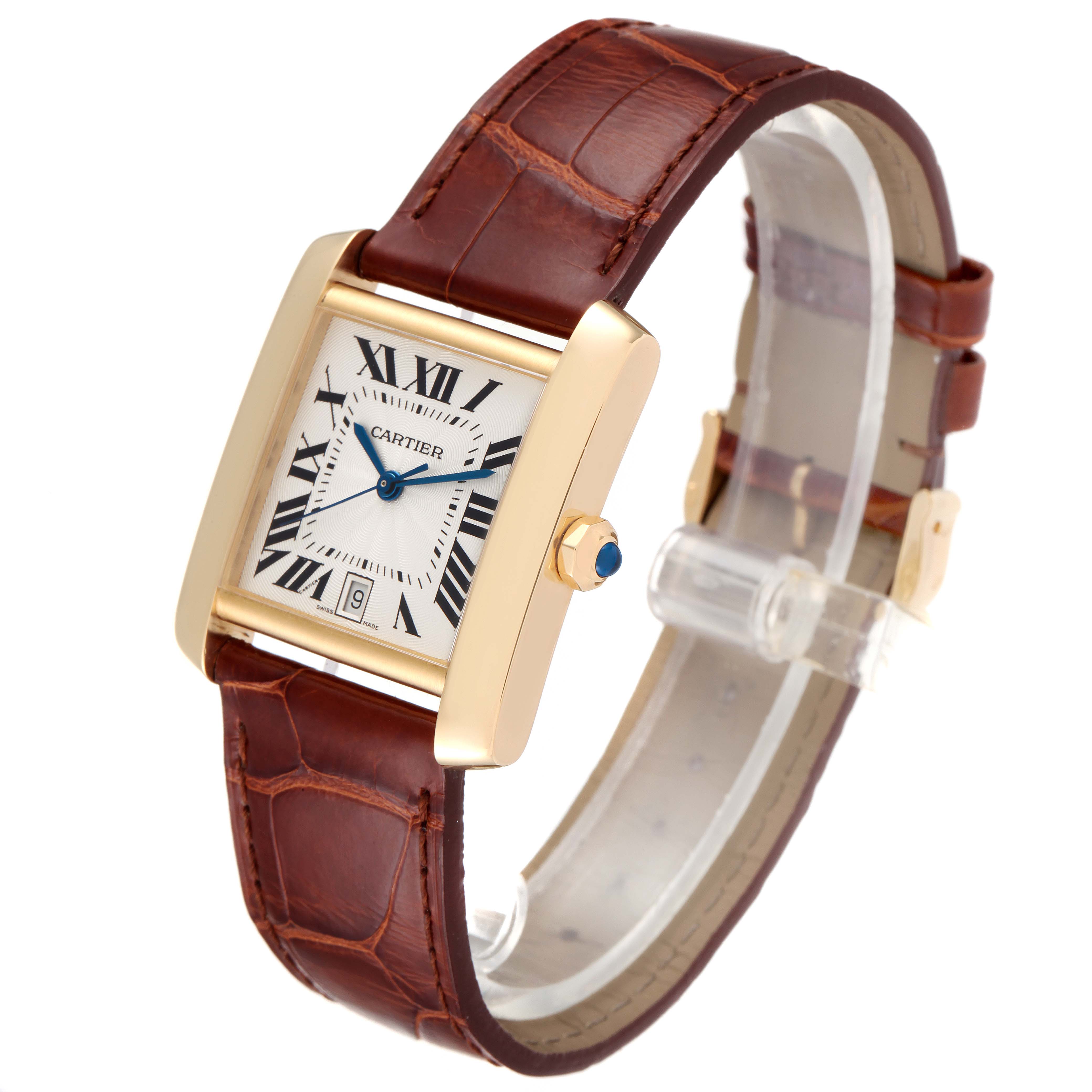 The image shows a Cartier Tank Francaise W5000156 Men's Yellow Gold Silver Dial W5000156 Men's Yellow Gold Silver Dial watch angled slightly to the left, highlighting its brown leather strap and rectangular face.