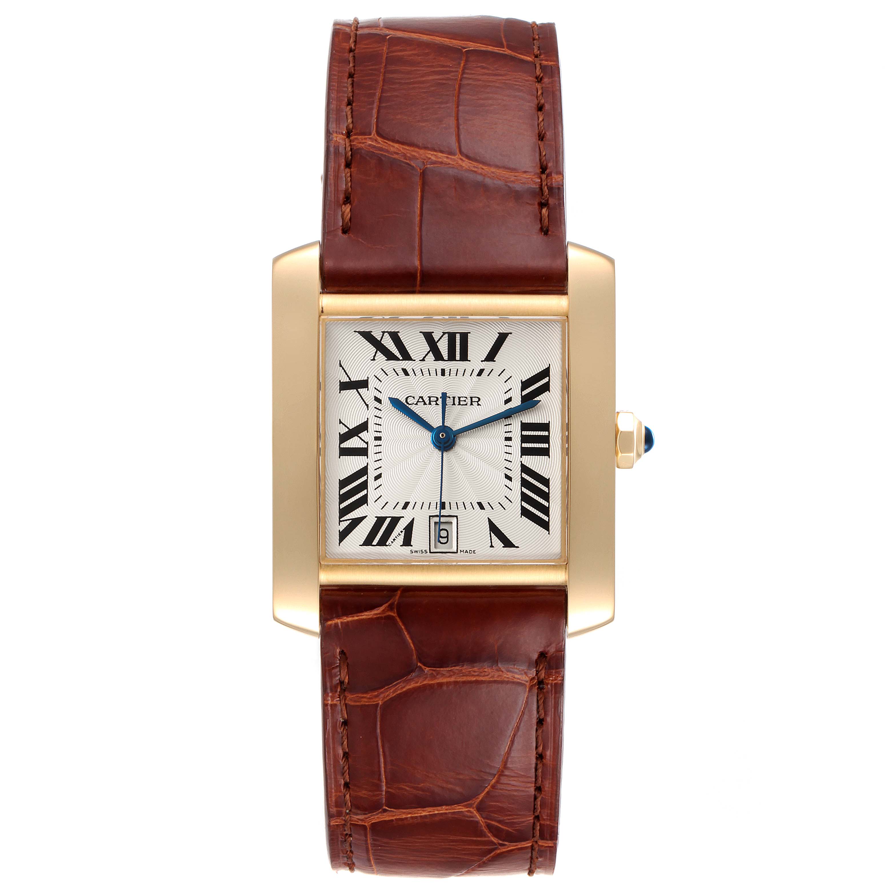 The image shows a top-down view of a Cartier Tank Francaise W5000156 Men's Yellow Gold Silver Dial W5000156 Men's Yellow Gold Silver Dial watch, featuring its rectangular face and brown leather strap.