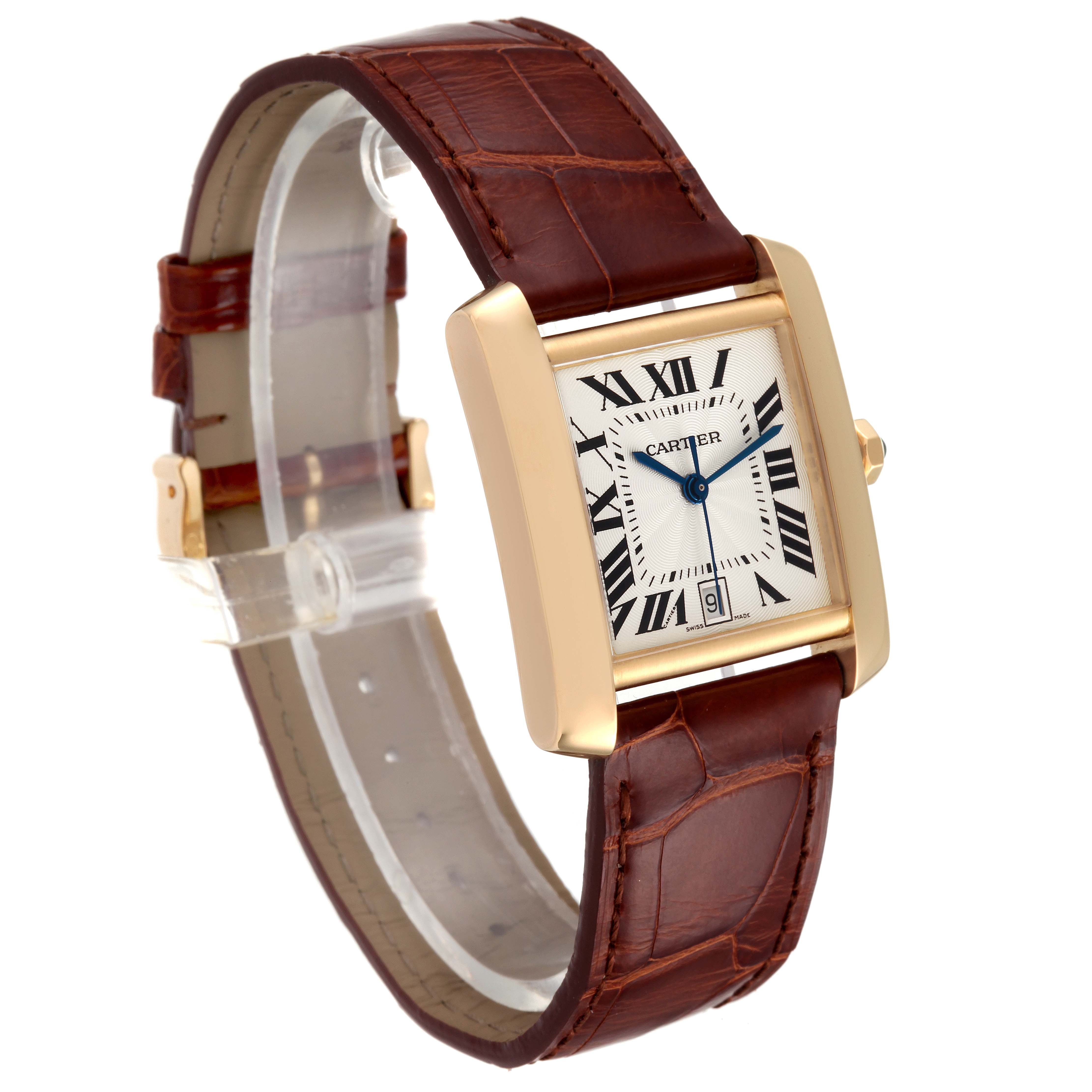 This image shows a Cartier Tank Française watch at a slight angle, displaying its rectangular dial and brown leather strap.