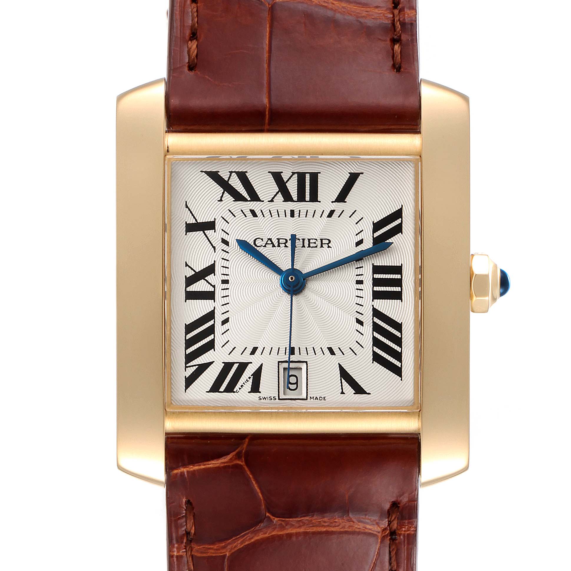 This image shows a front view of the Cartier Tank Francaise W5000156 Men's Yellow Gold Silver Dial W5000156 Men's Yellow Gold Silver Dial watch, showcasing its square dial with Roman numerals and leather strap.