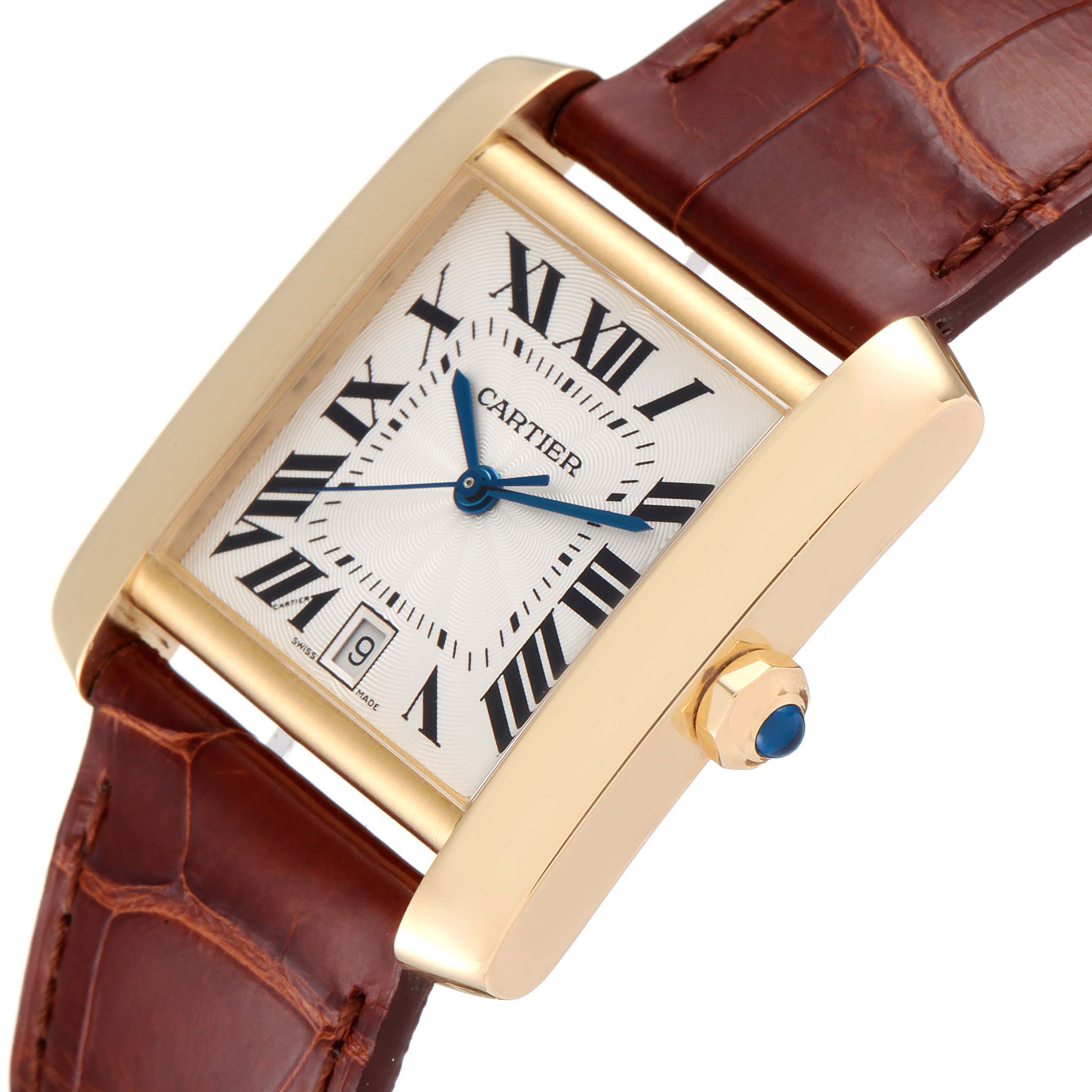The image shows a close-up angled view of the Cartier Tank Française watch, highlighting the dial, crown, and leather strap.