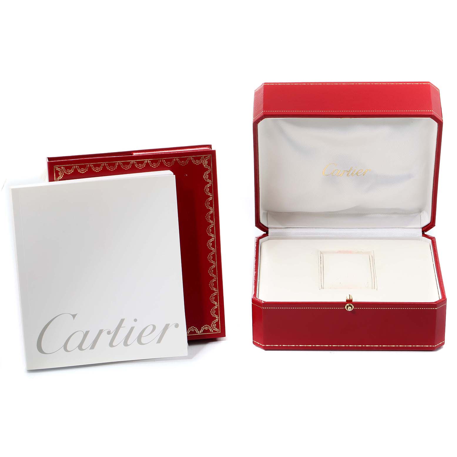 The image shows the packaging and manual for a Tank Francaise model by Cartier, featuring a red watch box and a white booklet.