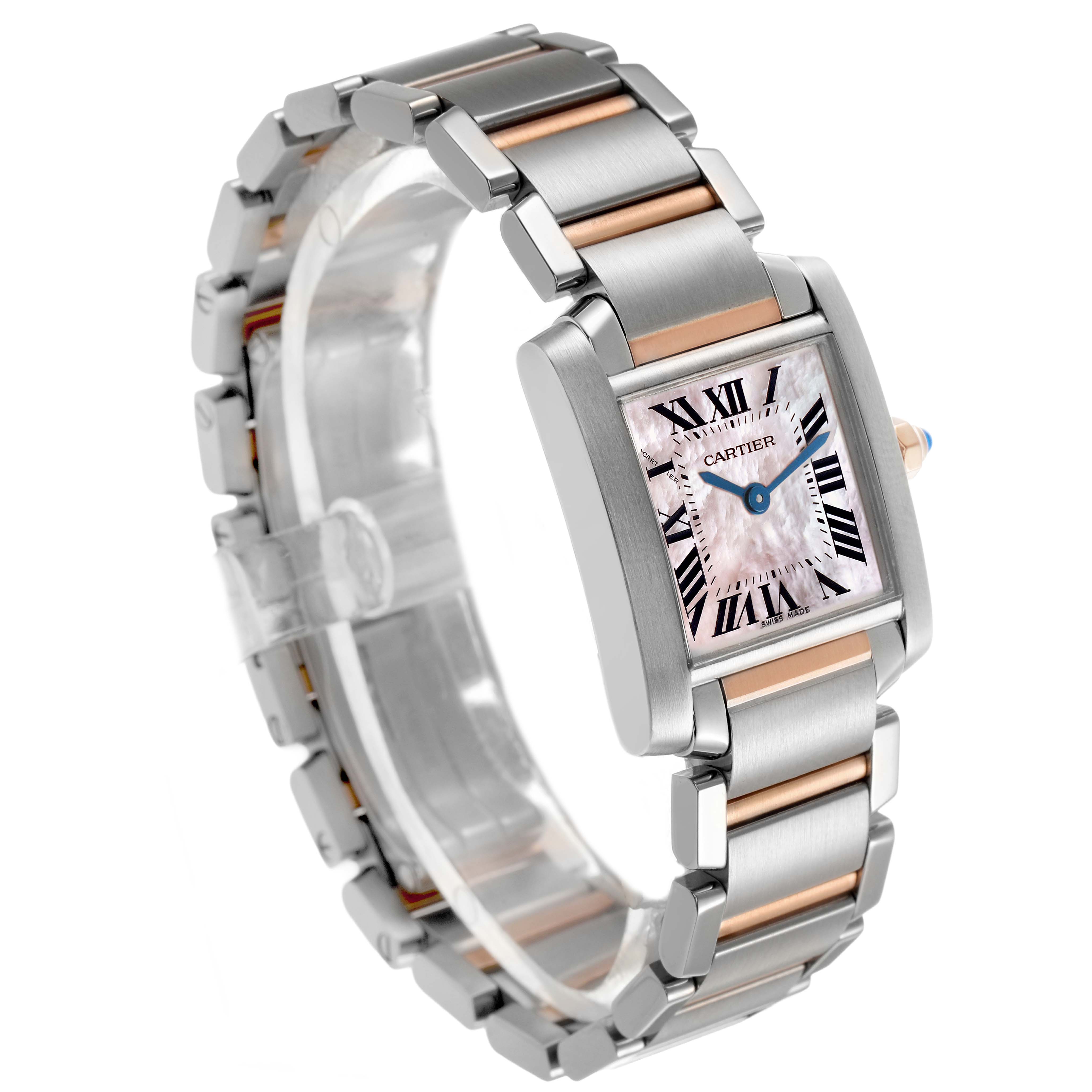 The Cartier Tank Francaise W51027Q4 Women's Stainless Steel Pink Dial watch is shown from an angled view, highlighting its rectangular dial and two-tone metal bracelet.