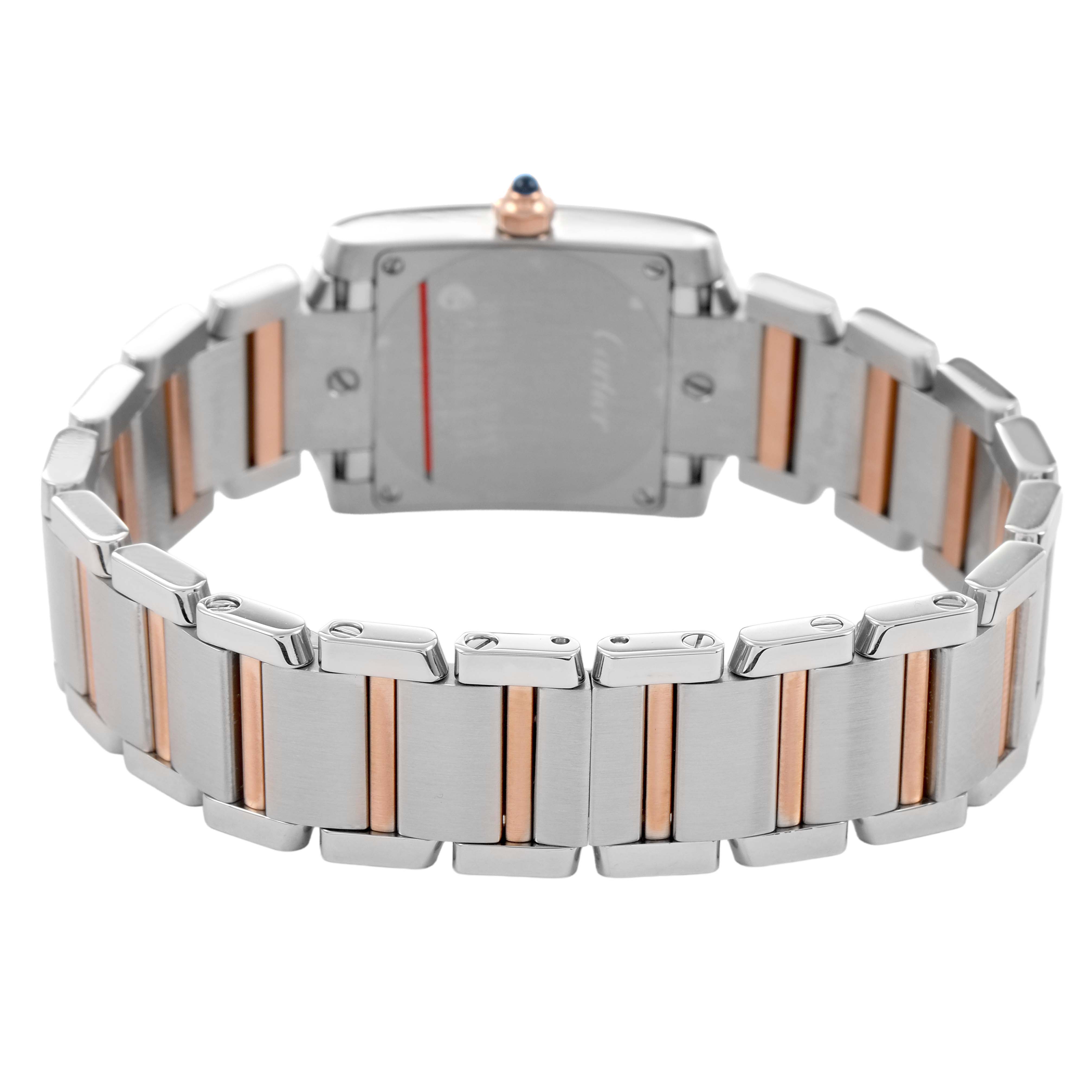The image shows the back view of a Cartier Tank Française watch, highlighting its two-tone metal bracelet and case back.