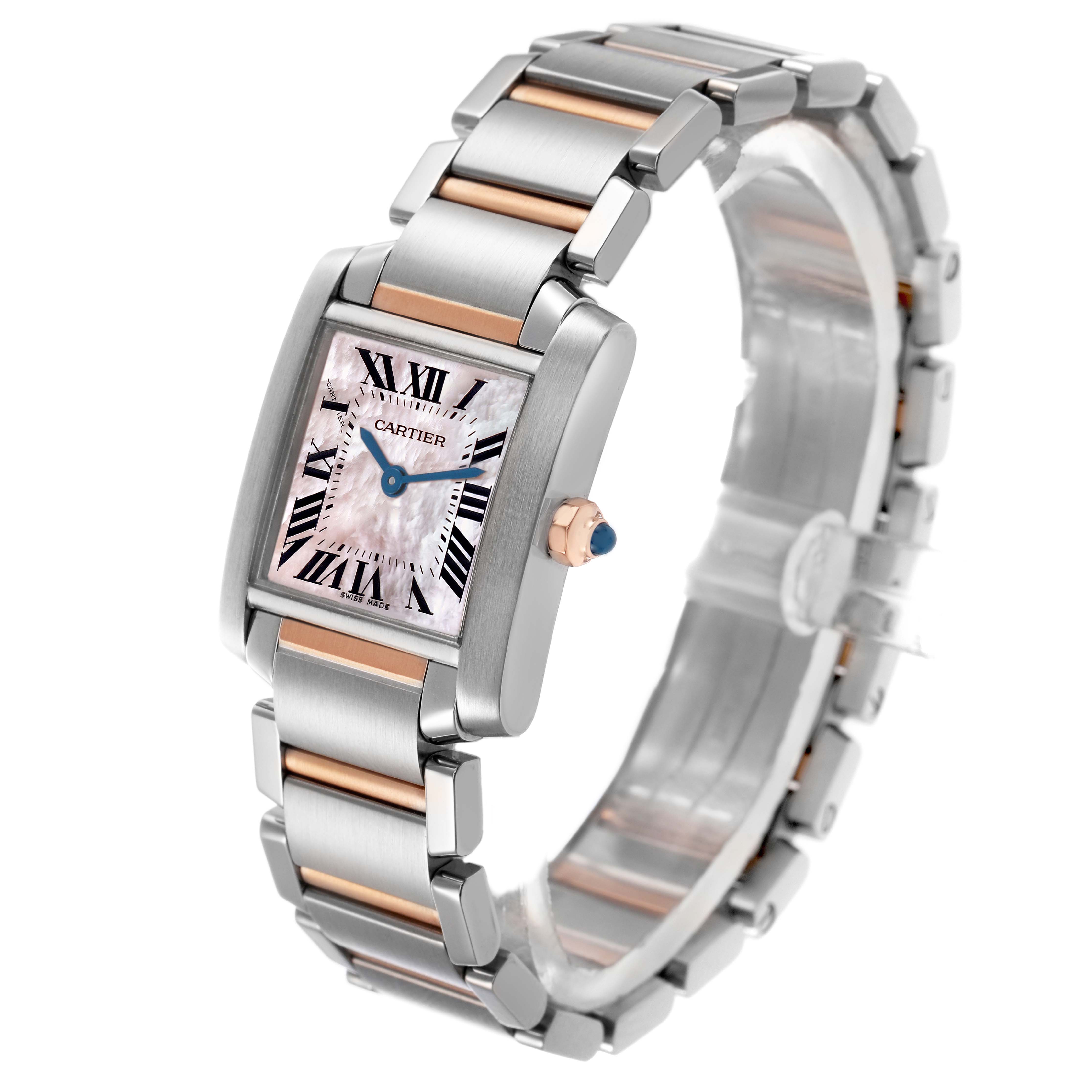 The Cartier Tank Francaise W51027Q4 Women's Stainless Steel Pink Dial watch is shown at a three-quarter angle, highlighting its face, metal bracelet, and crown.