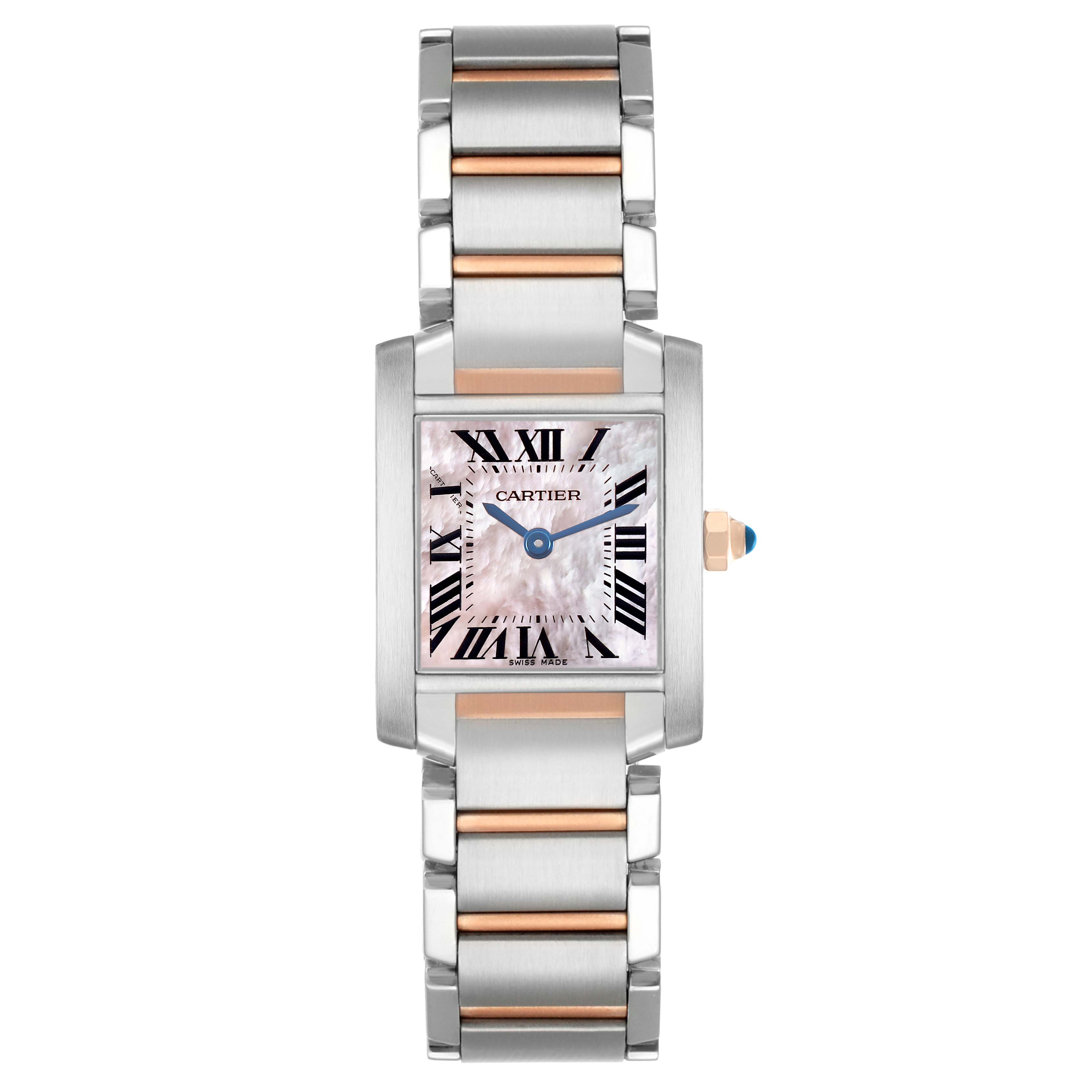 The Cartier Tank Francaise W51027Q4 Women's Stainless Steel Pink Dial watch is shown from the front, displaying its face and metal bracelet.