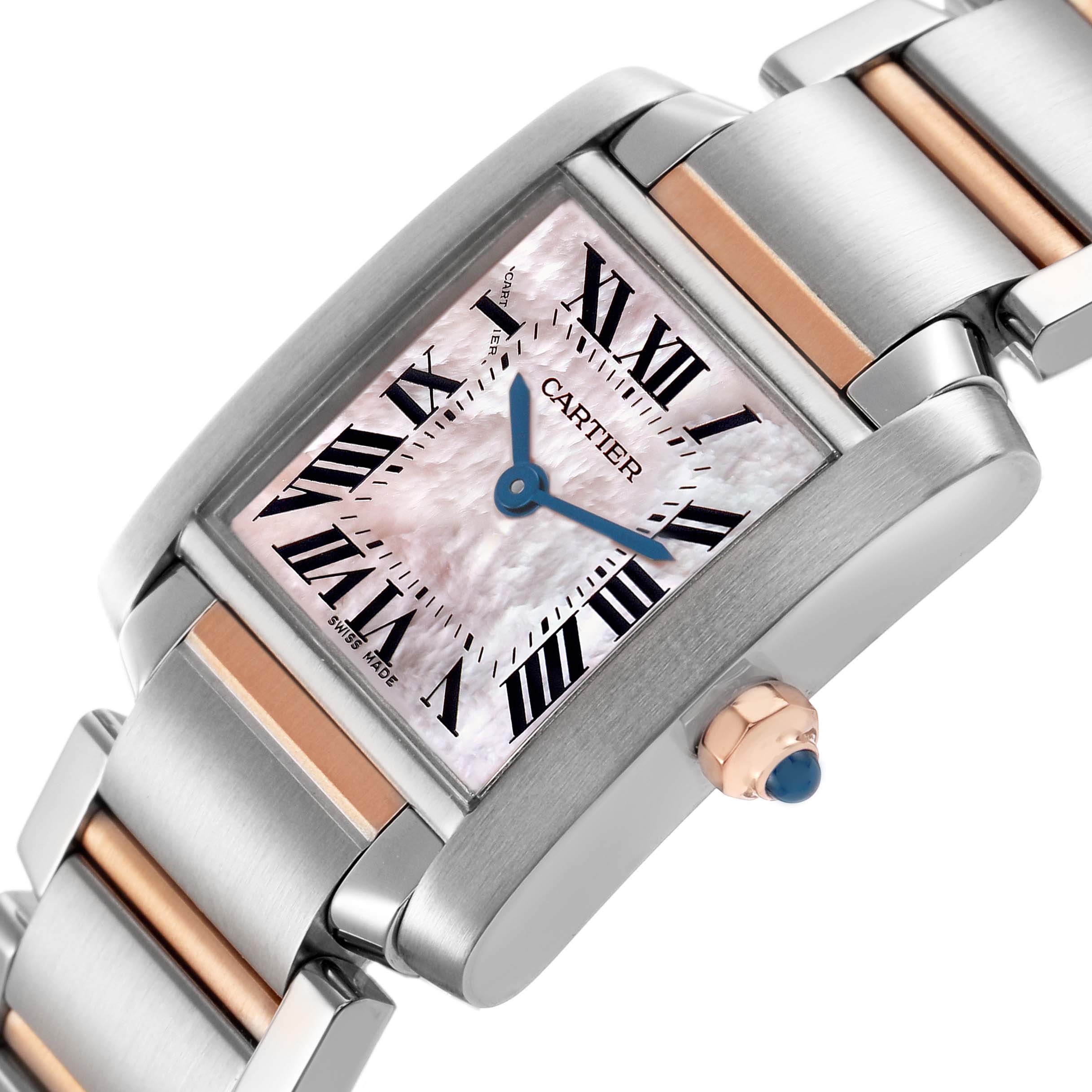 The Cartier Tank Française watch is shown at an angled close-up, highlighting the dial, bracelet, and the crown with a blue cabochon.
