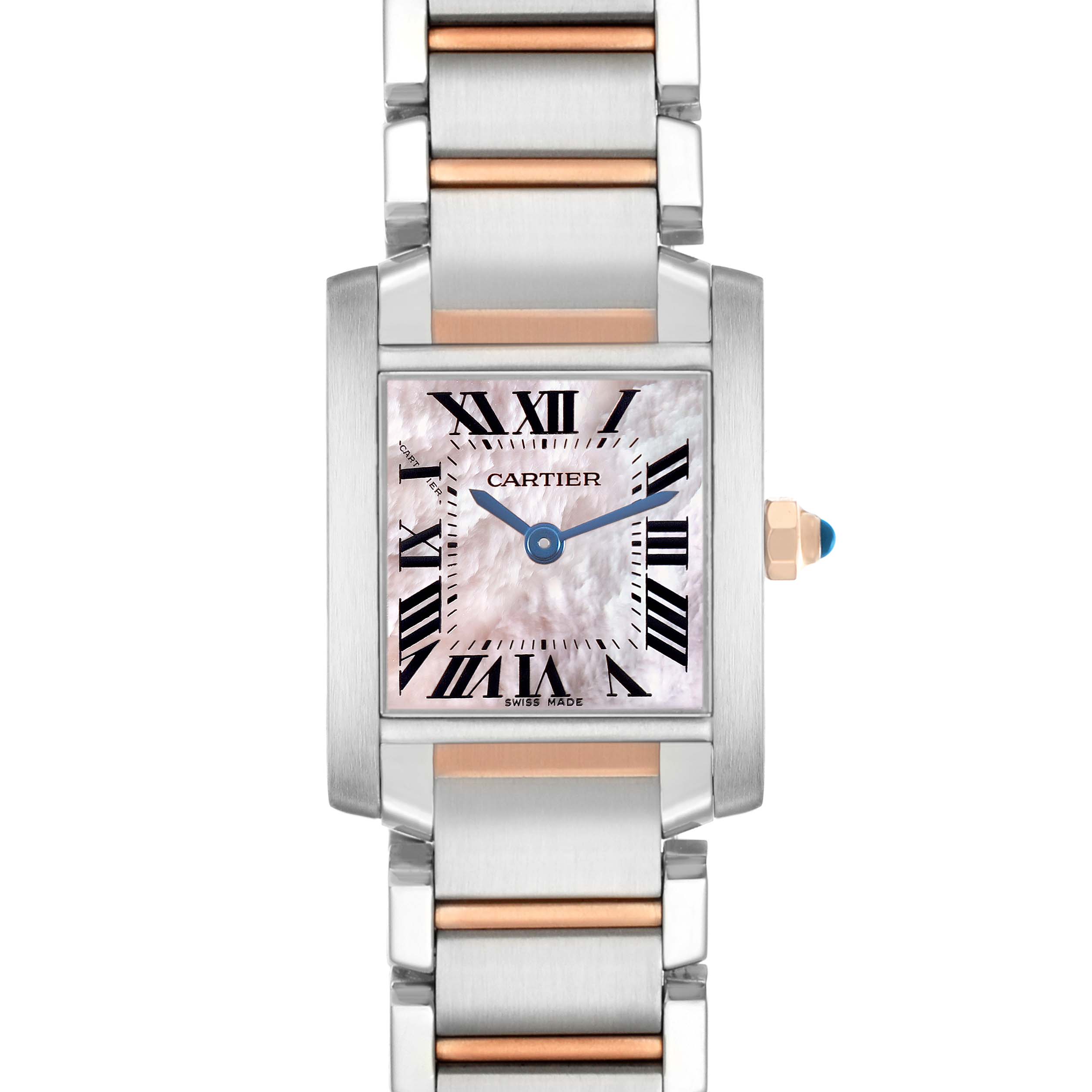 The Tank Française by Cartier is shown from the front, highlighting its face and bracelet with Roman numerals.