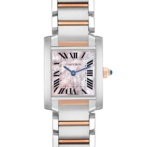 The Cartier Tank Francaise W51027Q4 Women's Stainless Steel Pink Dial watch is shown from a front view, highlighting its face, roman numerals, and metal bracelet.