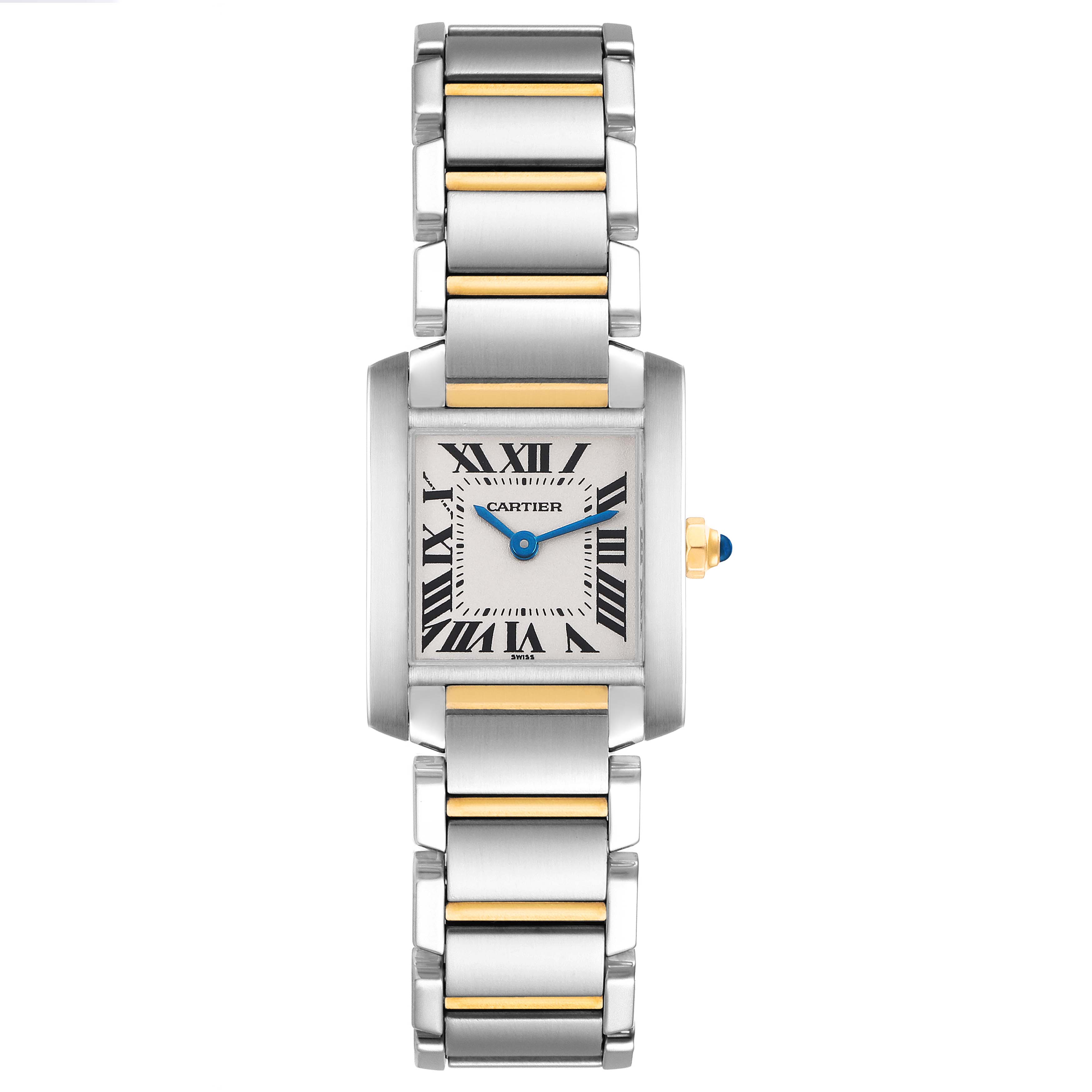 The Cartier Tank Française watch is shown from a top view, displaying its face, bracelet, and crown.