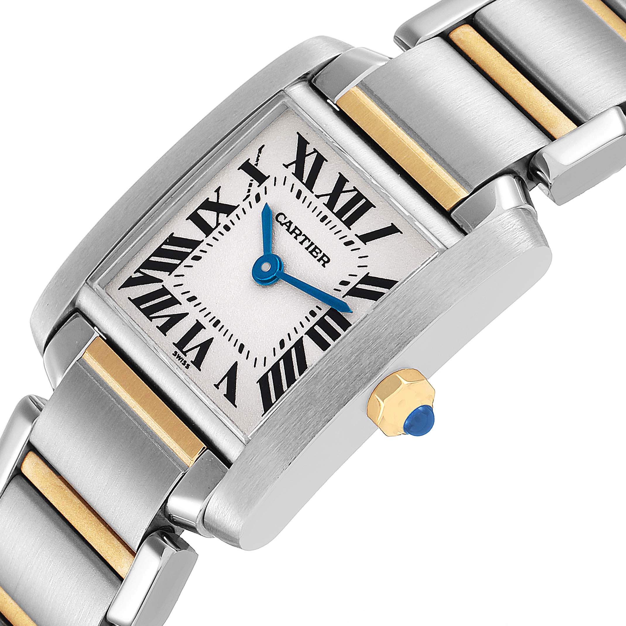 The Cartier Tank Francaise W51007Q4 Women's Stainless Steel Silver Dial watch is shown at an angle highlighting the face, crown with blue cabochon, and part of the two-tone bracelet.