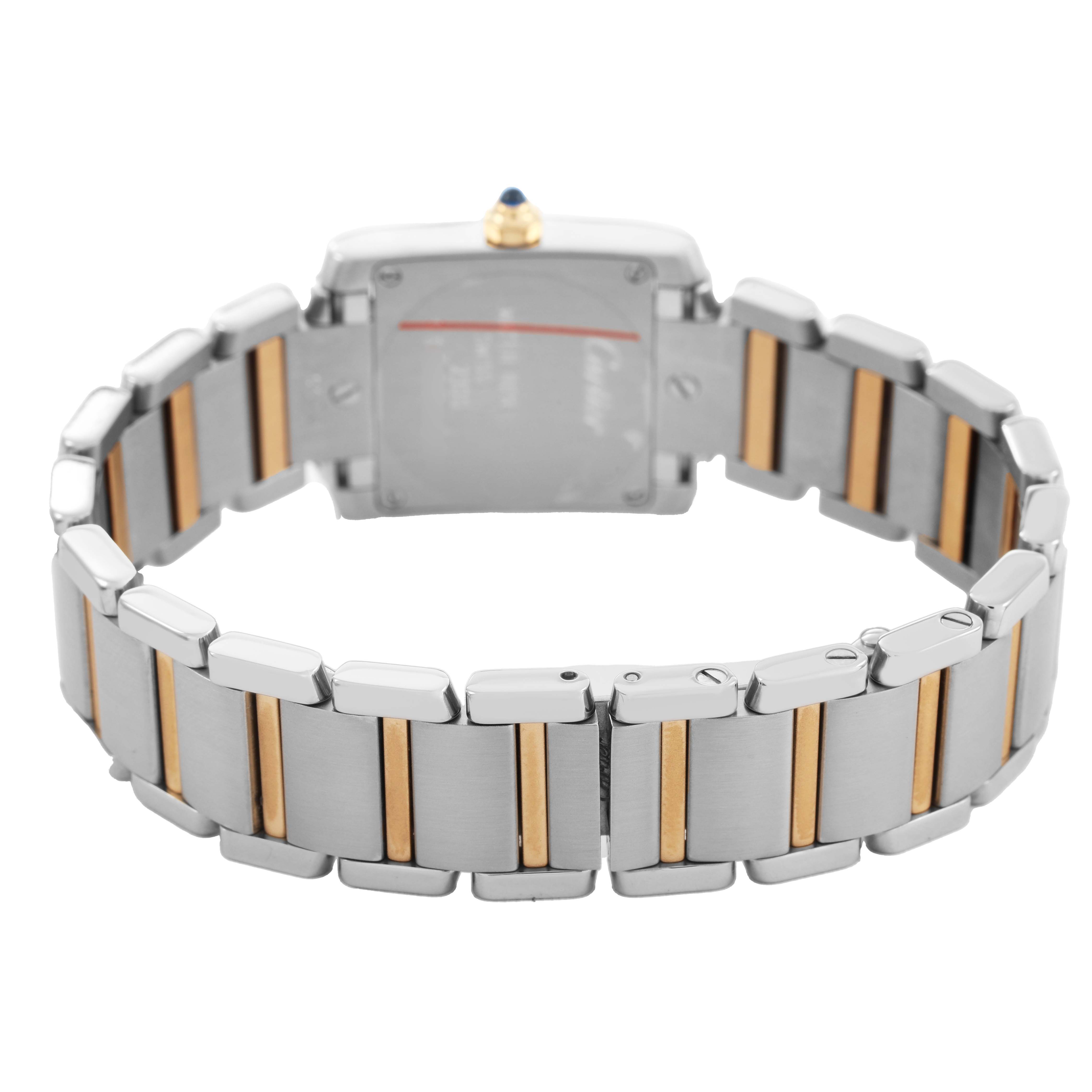 The image shows the back and bracelet of the Cartier Tank Française, highlighting the two-tone metal links.