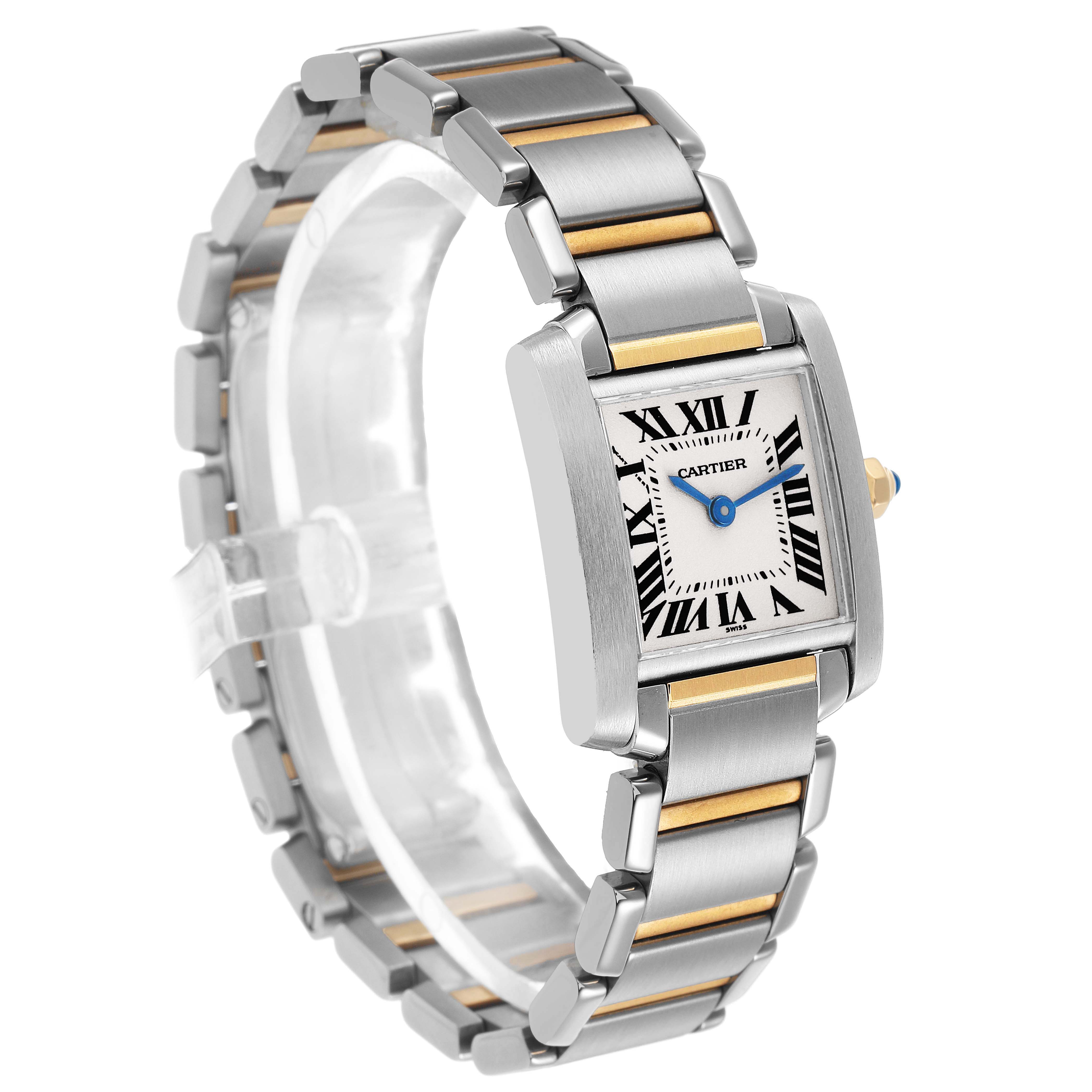 The Cartier Tank Francaise W51007Q4 Women's Stainless Steel Silver Dial watch is shown at an angled, side view highlighting its two-tone bracelet and rectangular face.