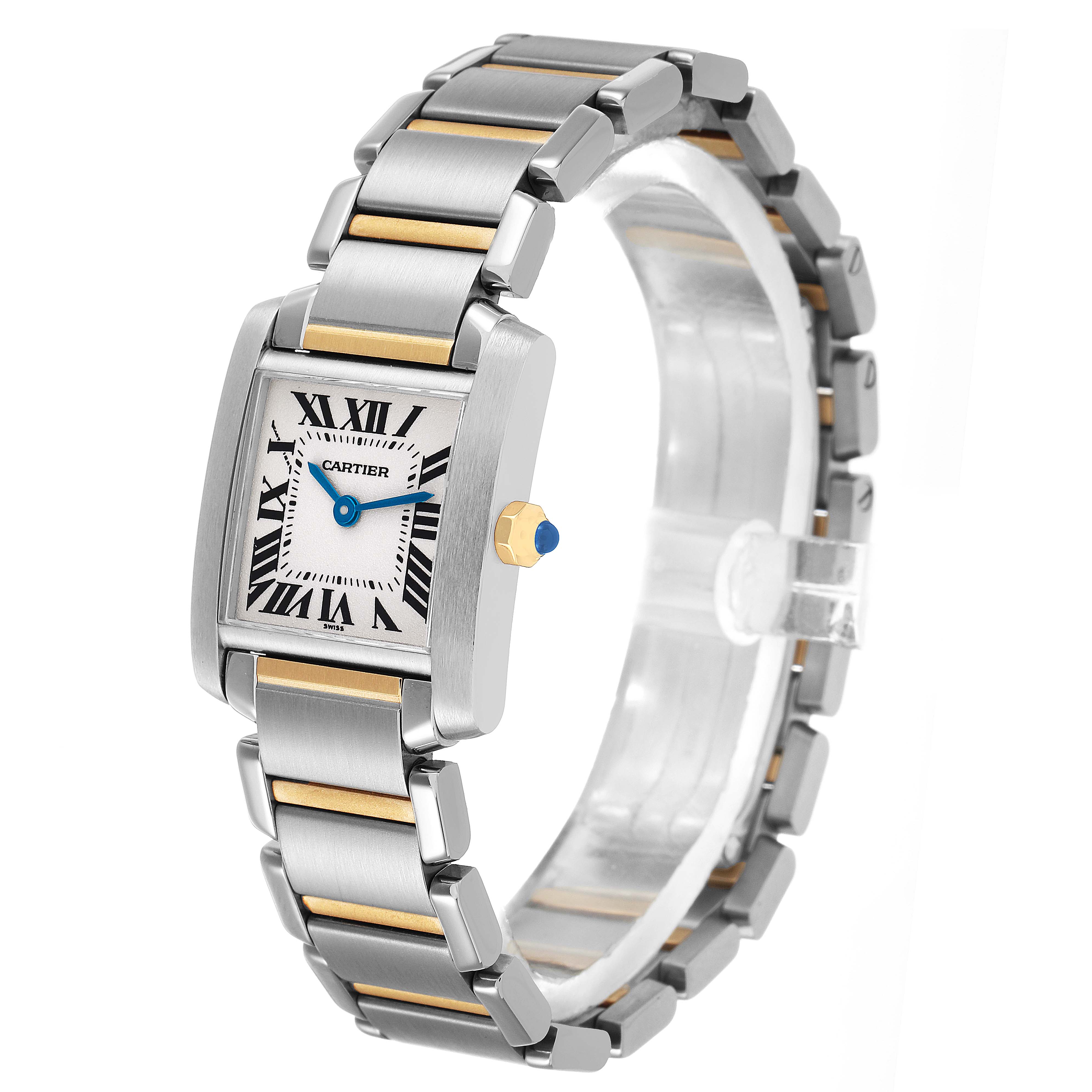 The Cartier Tank Française watch is shown at a three-quarter angle, highlighting its bracelet and bezel details.