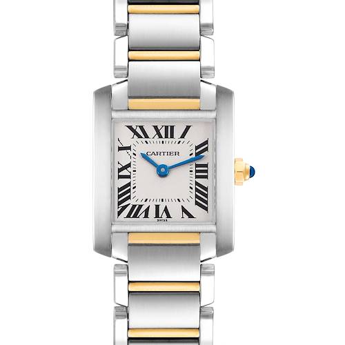 The Cartier Tank Francaise W51007Q4 Women's Stainless Steel Silver Dial watch is shown from the front, displaying its face, Roman numerals, blue hands, and two-tone bracelet.