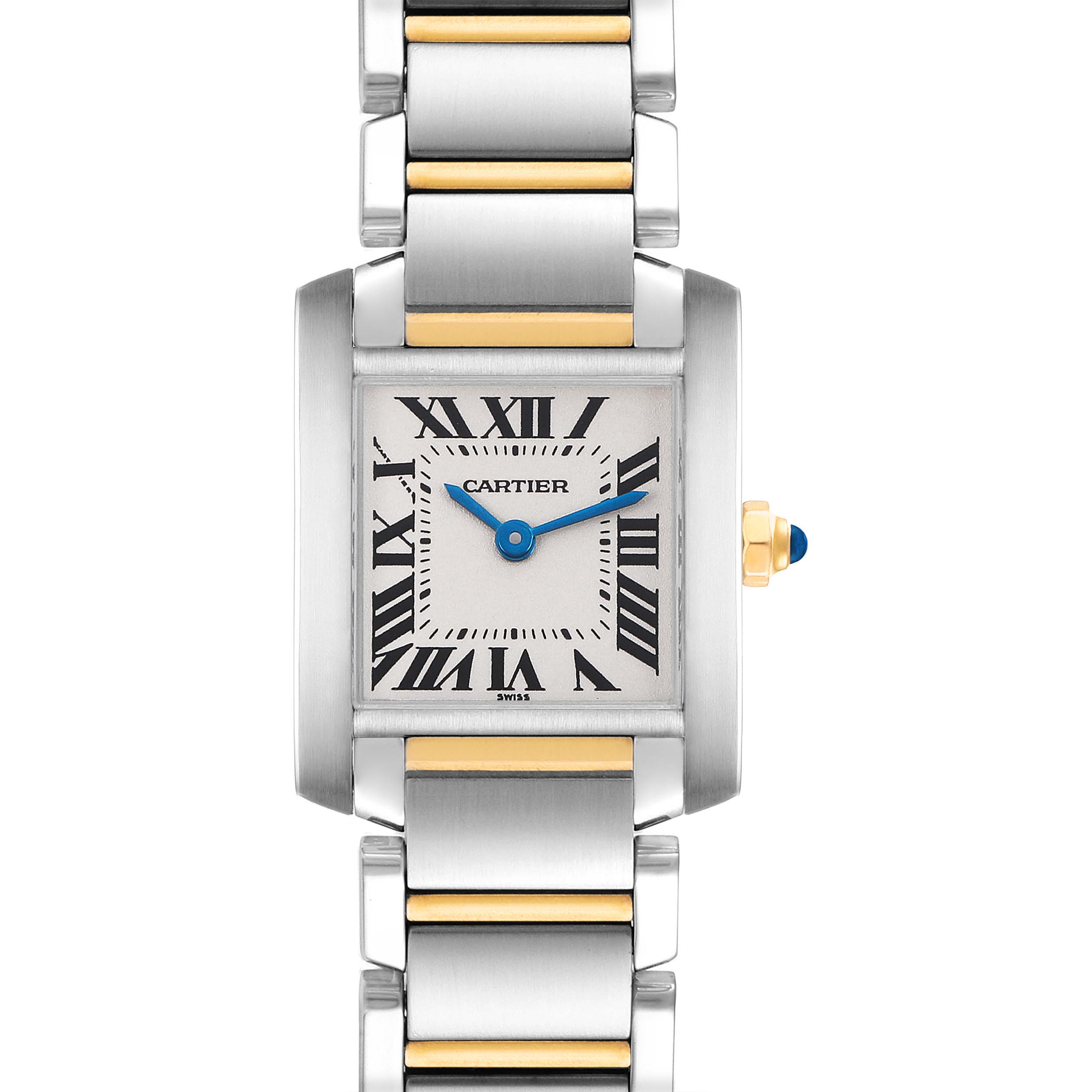 The Cartier Tank Francaise W51007Q4 Women's Stainless Steel Silver Dial watch is shown from a top-down angle, highlighting its face, bracelet, and crown details.
