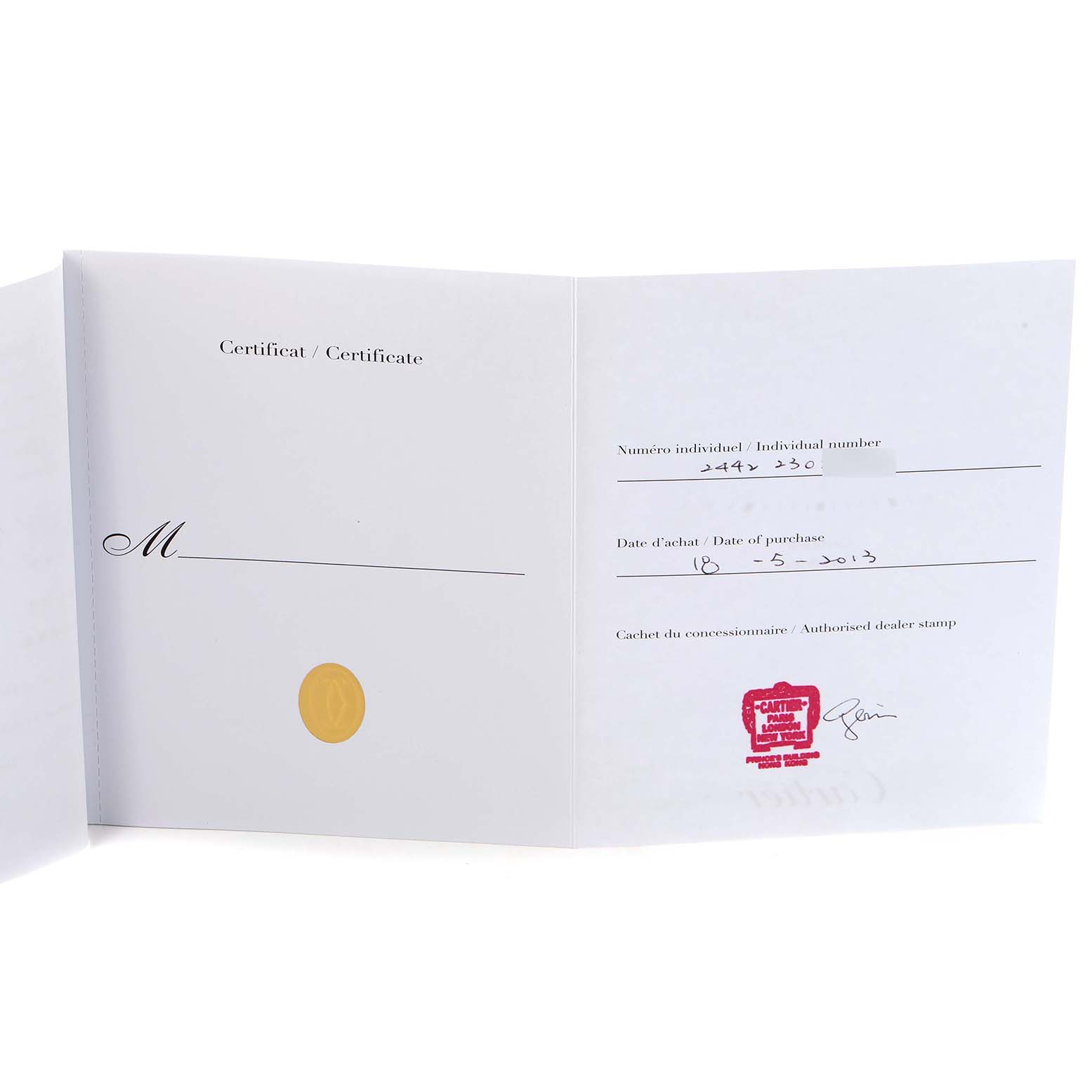 The image shows the certification card for the Cartier Tank Louis watch model W1529856, displaying purchase details and an authorized dealer stamp.