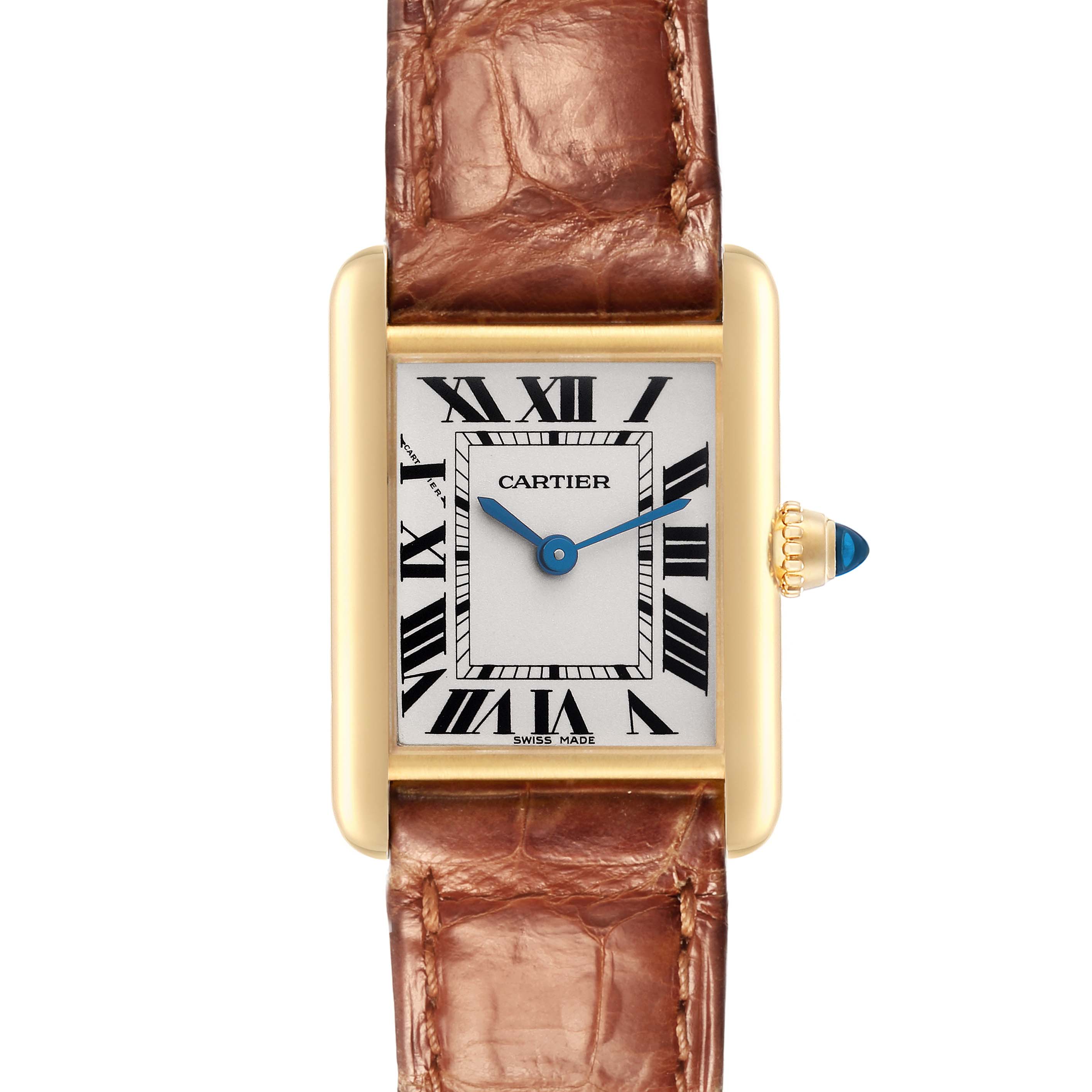 The Cartier Tank Louis model W1529856 is shown from a top-down angle, featuring its rectangular dial, Roman numerals, gold case, and brown leather strap.