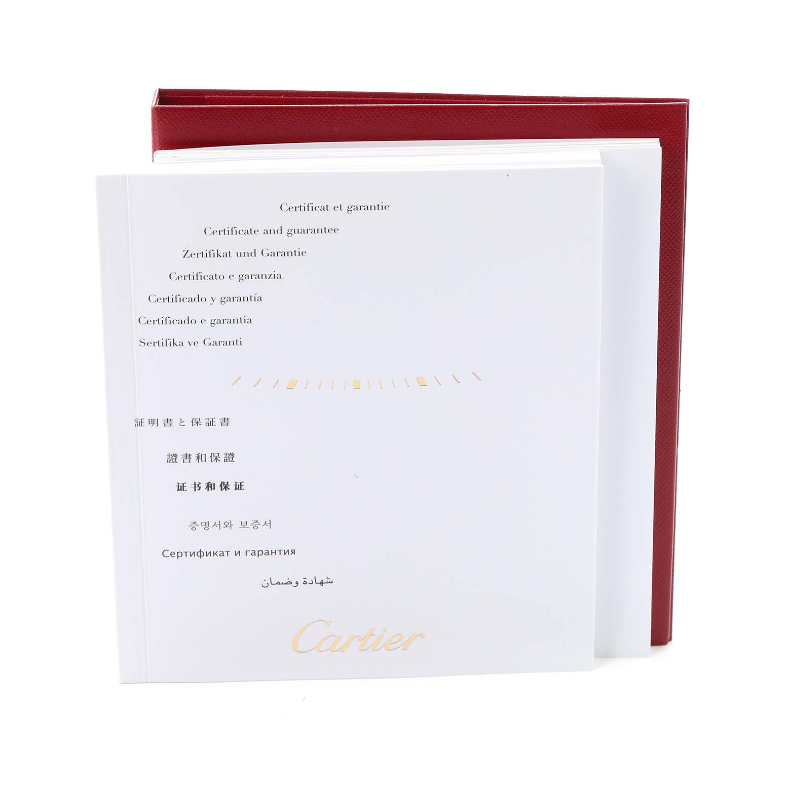 The image shows a Cartier Tank Louis model (W1529856) booklet and a red case, viewed from the front and side, highlighting the certificate and warranty.