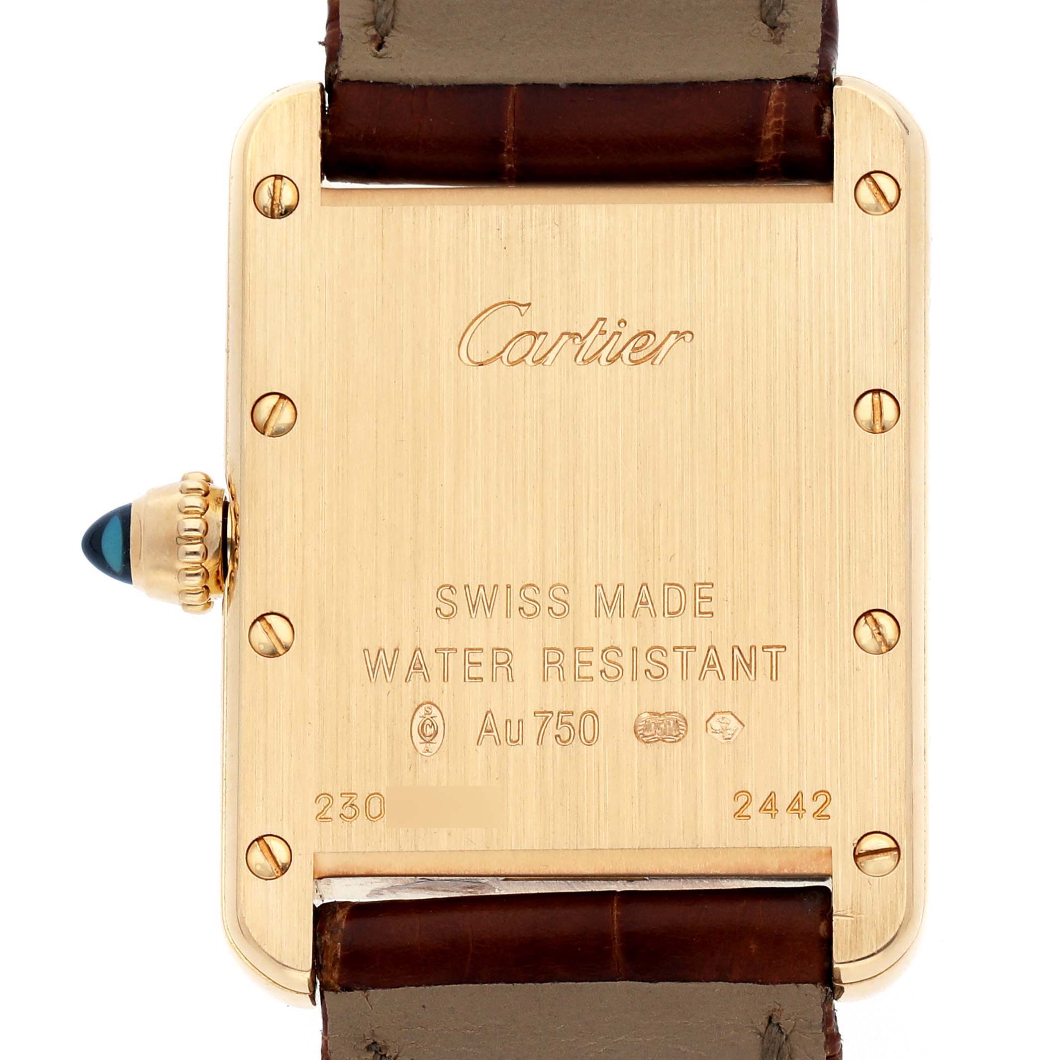 The image shows the back of the Cartier Tank Louis model W1529856 men's watch, featuring its gold body, screws, and an attached leather strap.