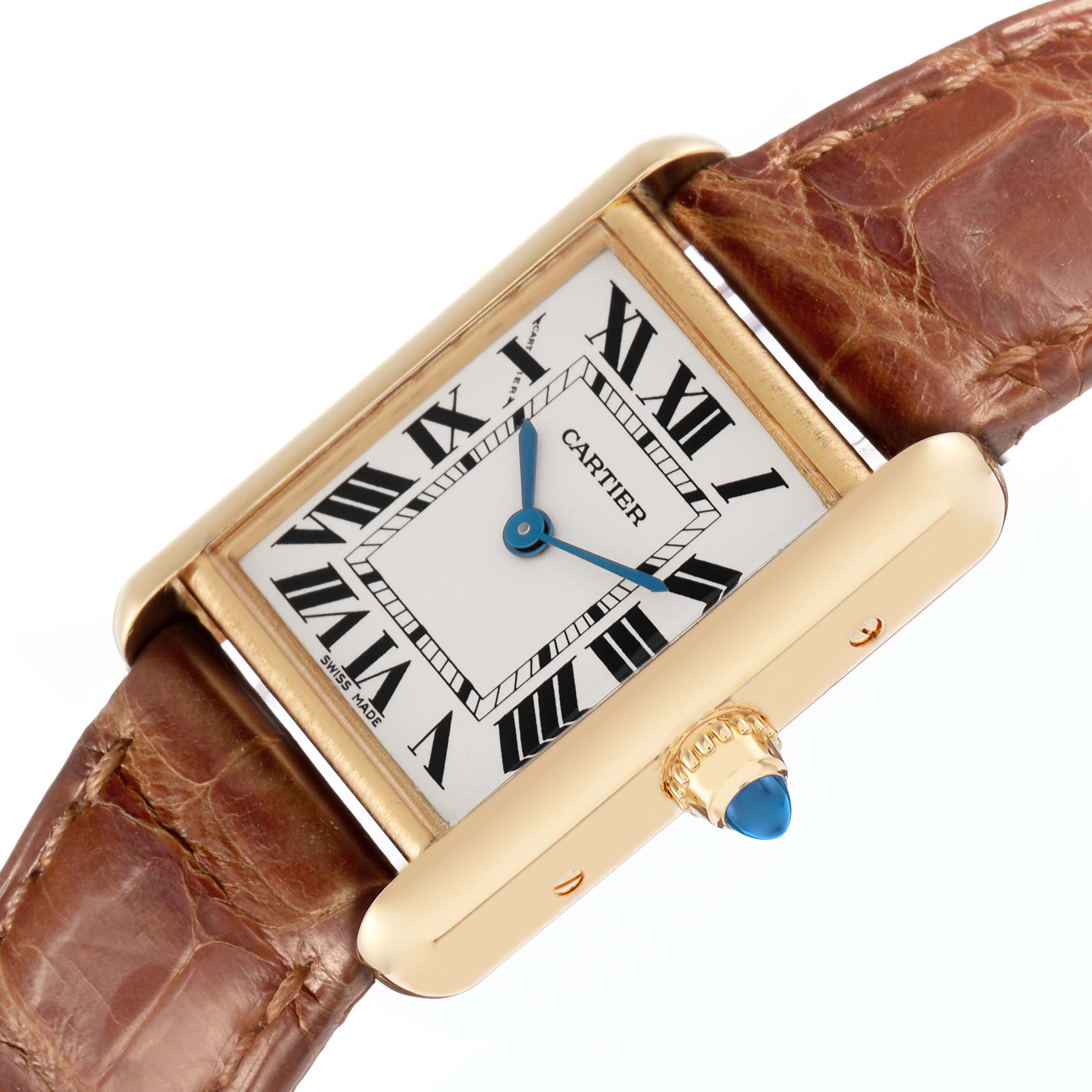 This image shows the Cartier Tank Louis model W1529856 watch at an angled view, highlighting the dial, blue hands, Roman numerals, and gold case with a leather strap.