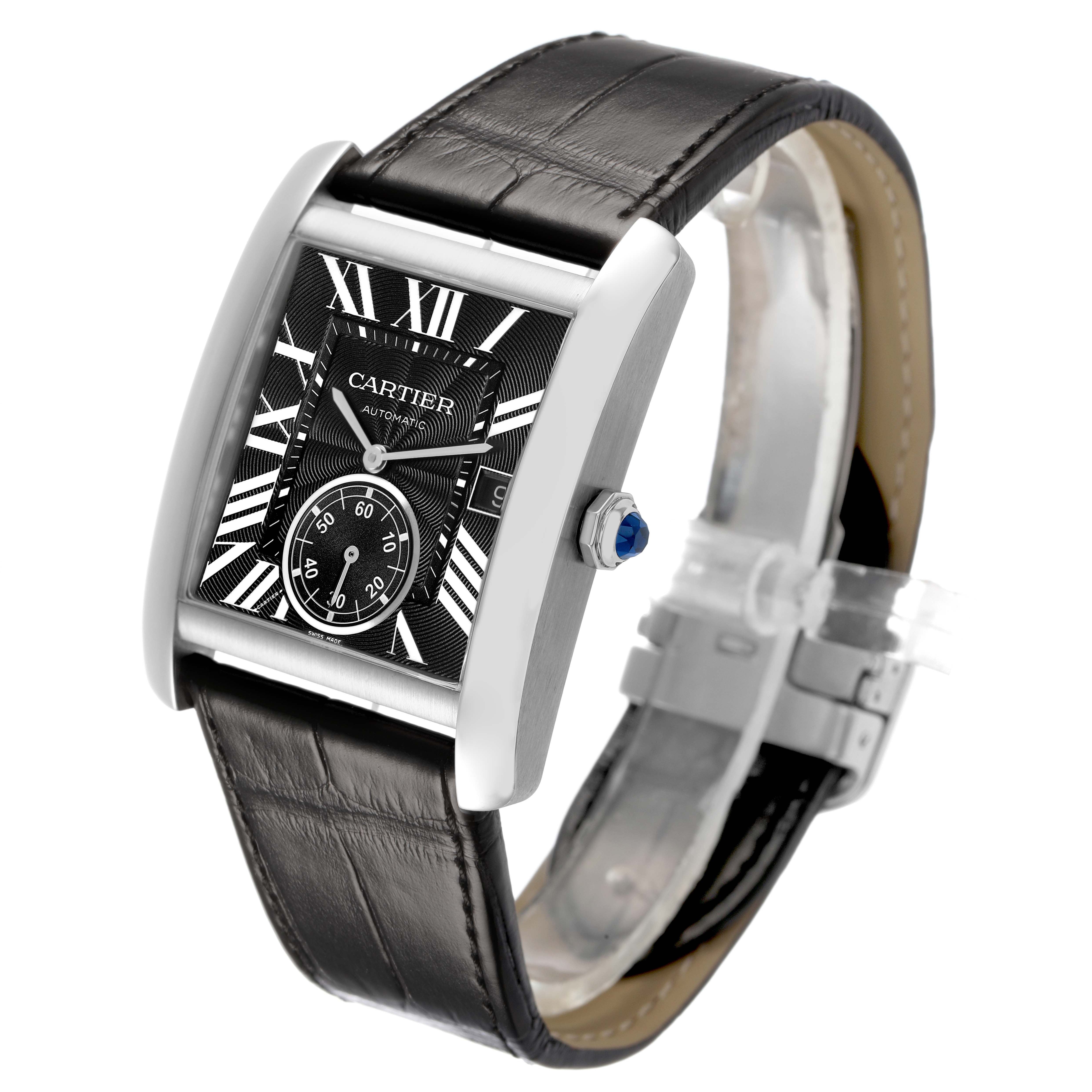 The Cartier Tank MC W5330004 Men's Stainless Steel Black Dial watch is shown from an angled view, highlighting the case, black dial, leather strap, and crown with a blue cabochon.