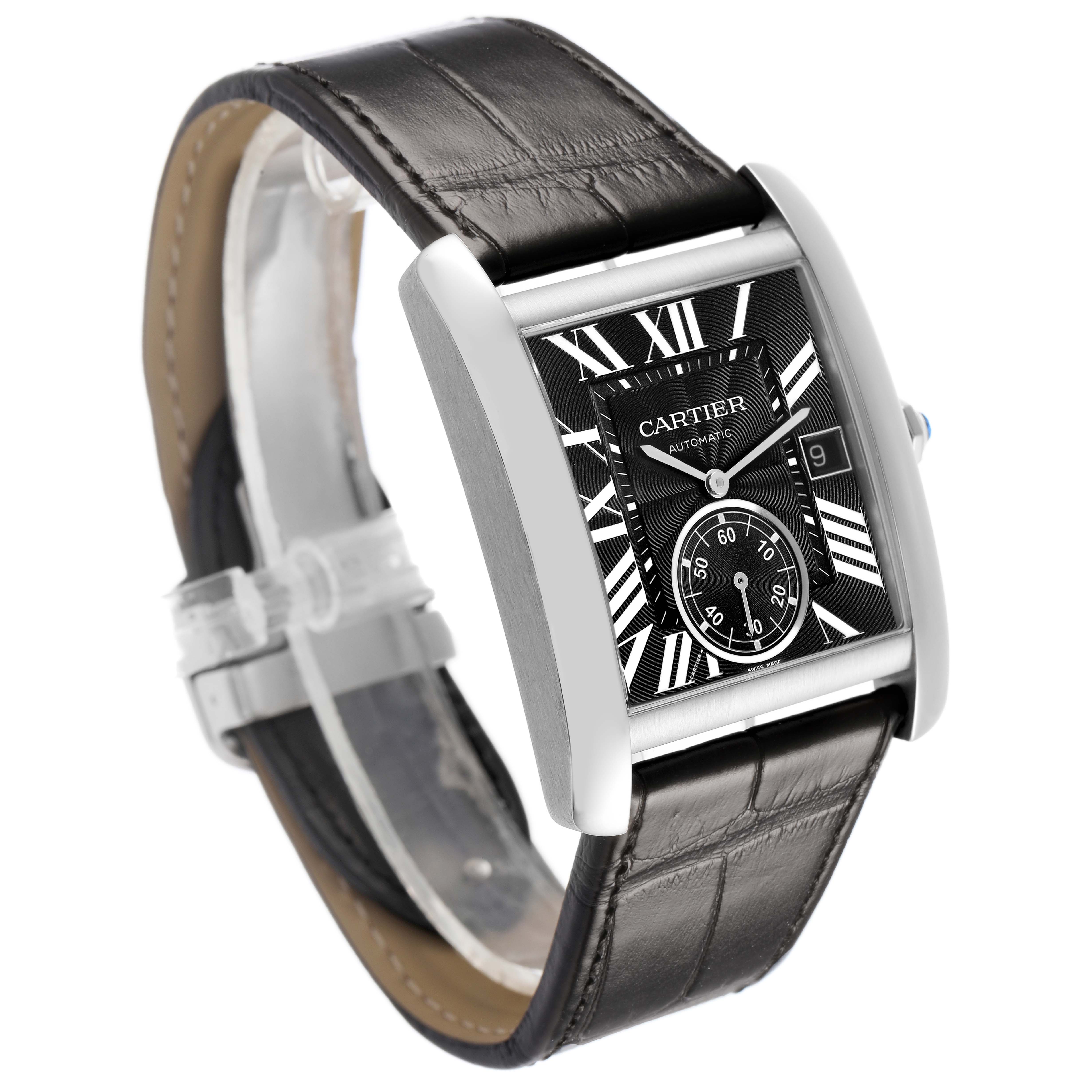 The Cartier Tank MC W5330004 Men's Stainless Steel Black Dial watch is shown in a three-quarter angle, highlighting the dial, case, and leather strap.