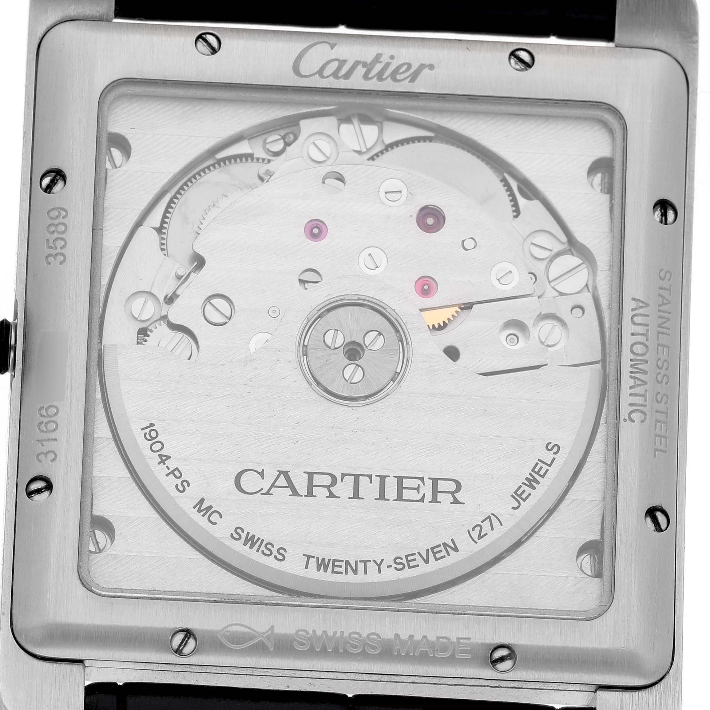 The image shows the back view of the Cartier Tank MC W5330004 Men's Stainless Steel Black Dial watch, highlighting its visible automatic movement and engravings.