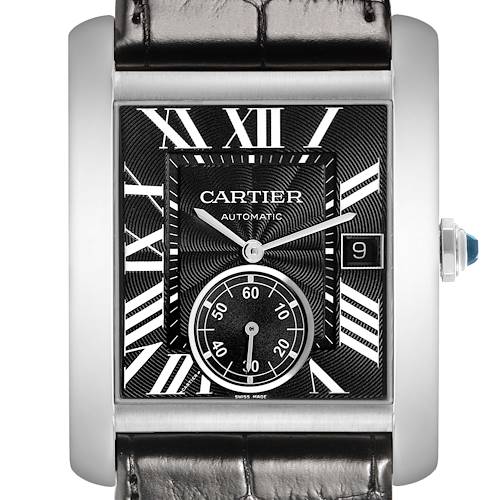 The Cartier Tank MC W5330004 Men's Stainless Steel Black Dial watch is shown from the front, highlighting its black dial, Roman numerals, and leather strap.