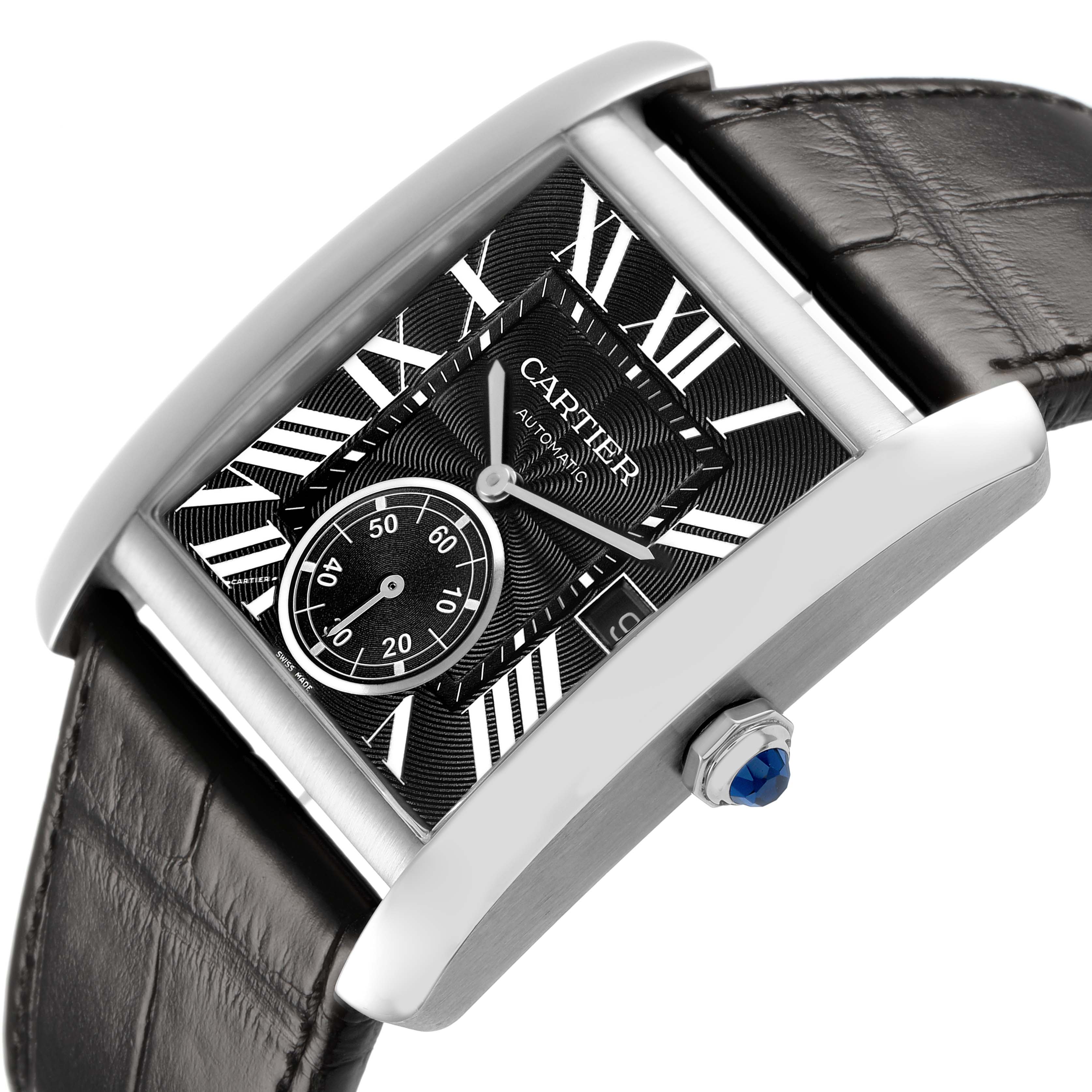 The Cartier Tank MC W5330004 Men's Stainless Steel Black Dial watch is shown at an angled side view, displaying its face, Roman numerals, sub-dial, and crown with a blue cabochon.