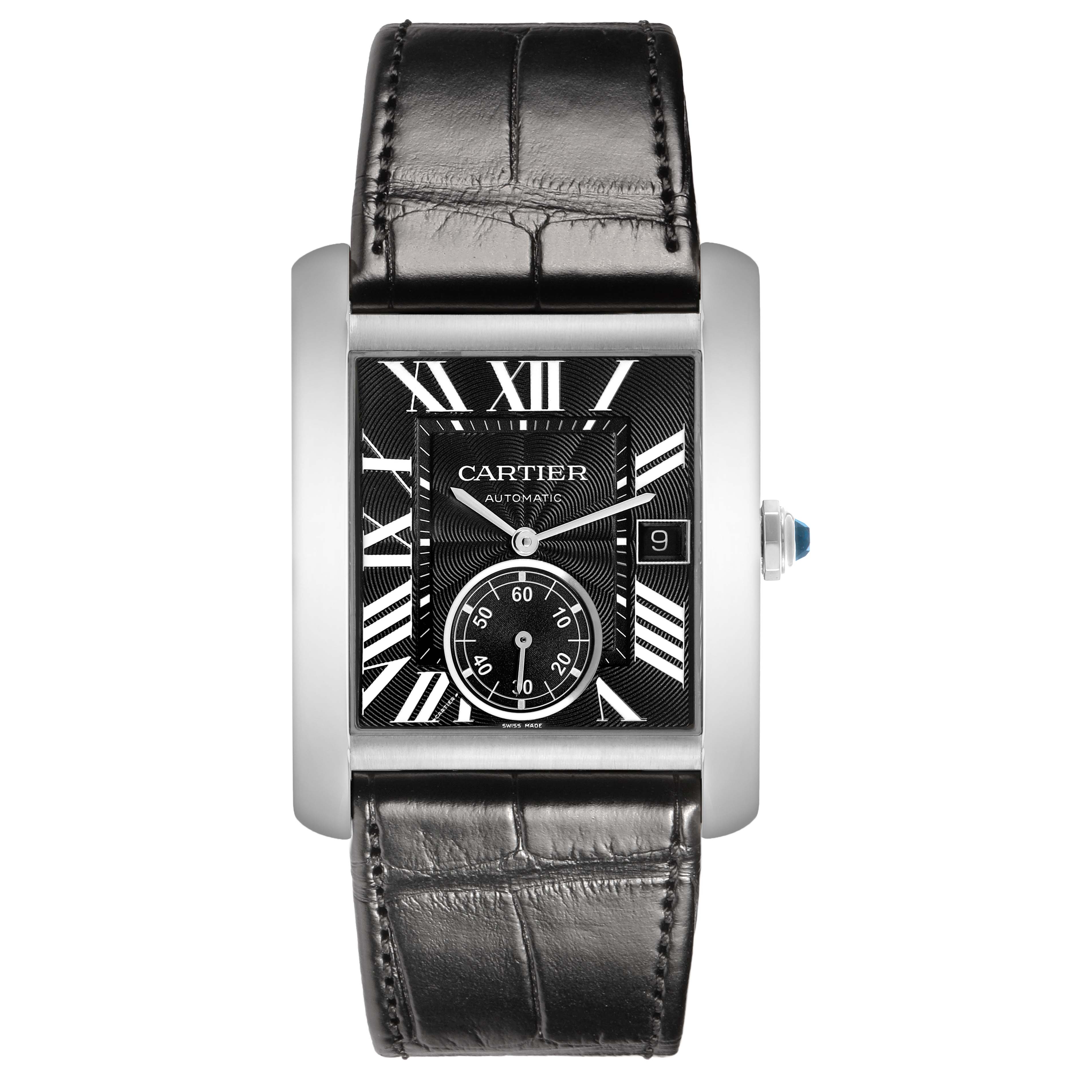 The Cartier Tank MC W5330004 Men's Stainless Steel Black Dial watch is shown from a top-down angle, highlighting its rectangular face, Roman numerals, and leather strap.