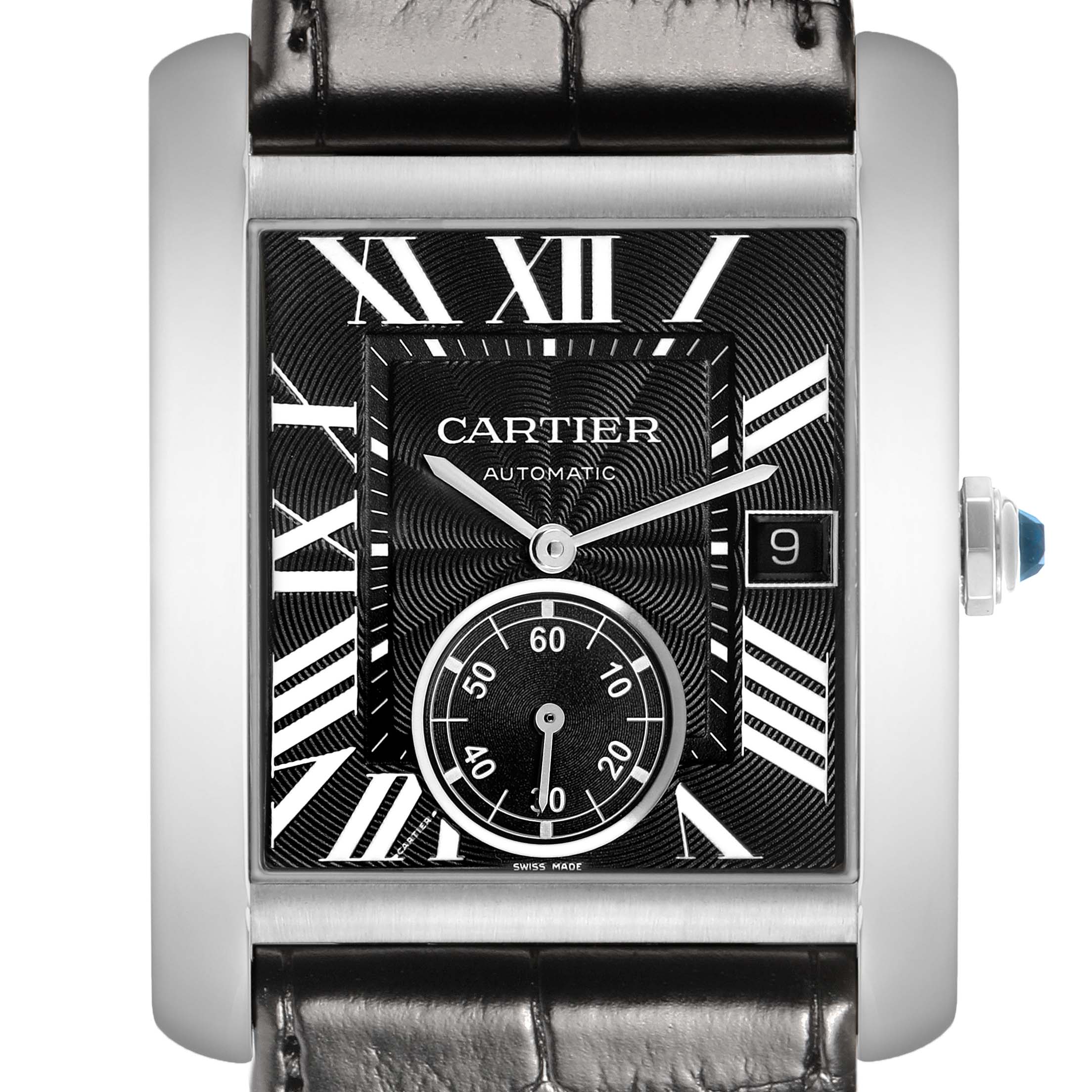 The Cartier Tank MC W5330004 Men's Stainless Steel Black Dial watch is shown from the front, highlighting its black dial, Roman numerals, subdial, and date window.