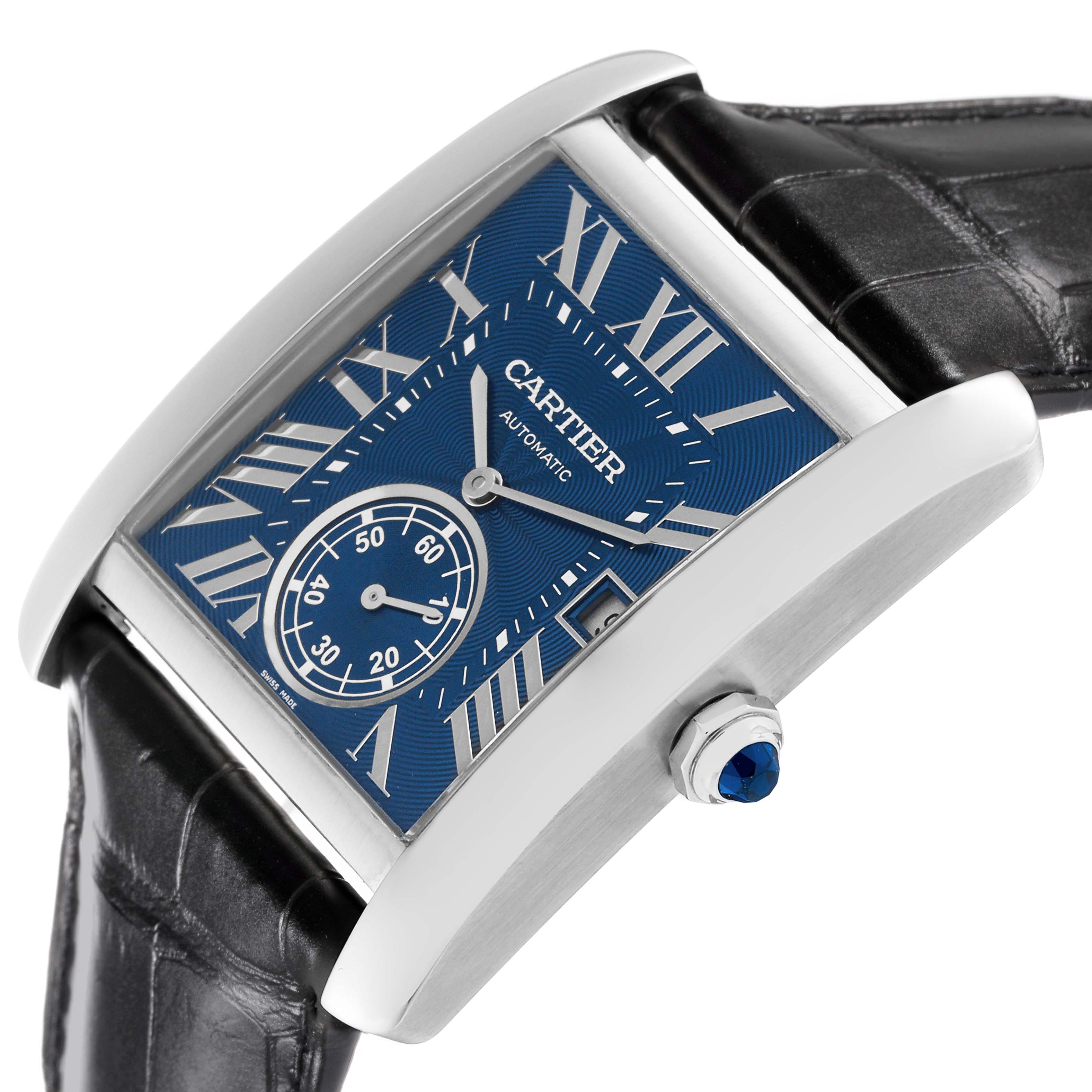 The Cartier Tank MC WSTA0010 Men's Stainless Steel Blue Dial WSTA0010 Men's Stainless Steel Blue Dial watch is shown at an angled view, displaying the dial, crown, and leather strap.
