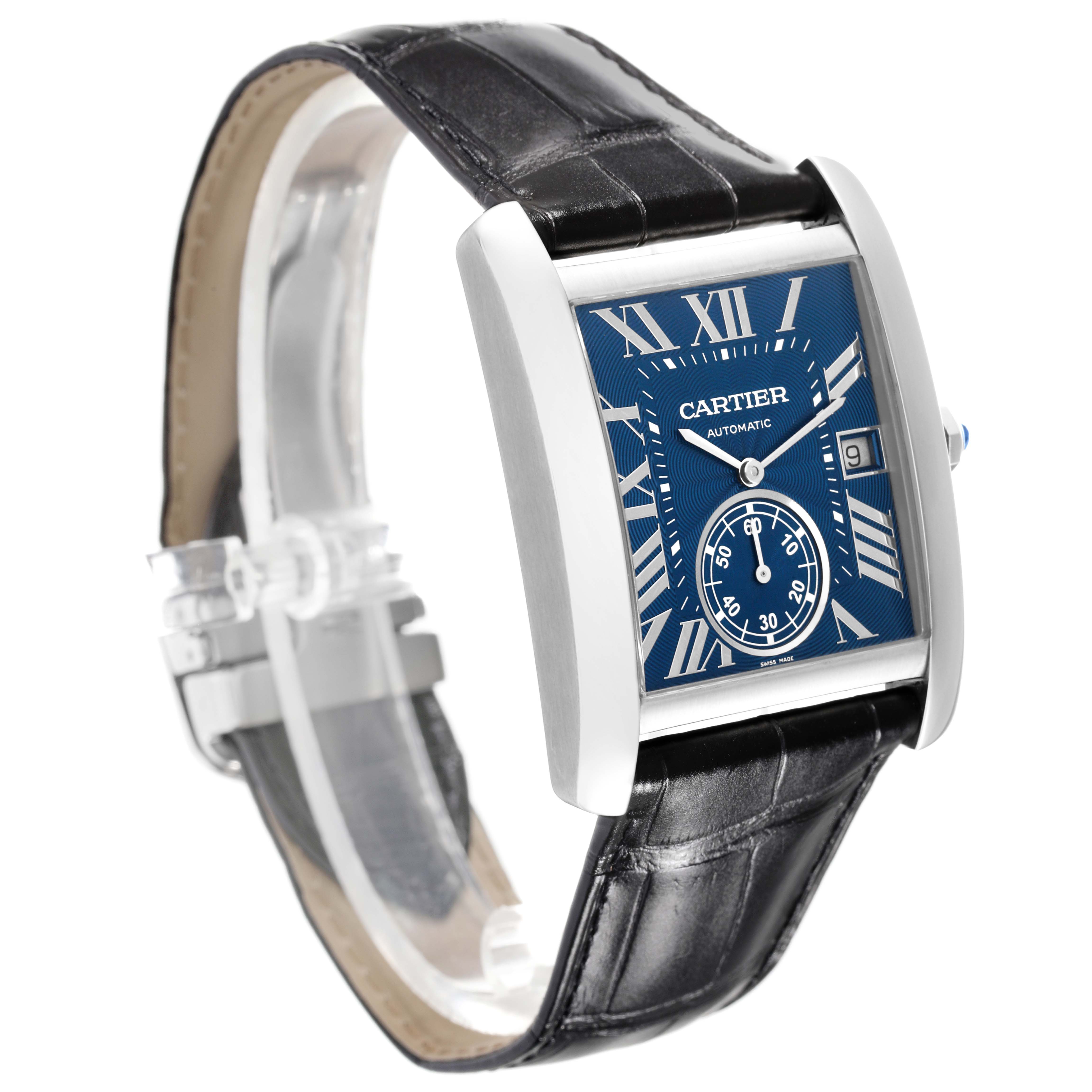 The image shows a Cartier Tank MC WSTA0010 Men's Stainless Steel Blue Dial WSTA0010 Men's Stainless Steel Blue Dial watch angled slightly to the right, featuring a blue dial, Roman numerals, and black leather strap.
